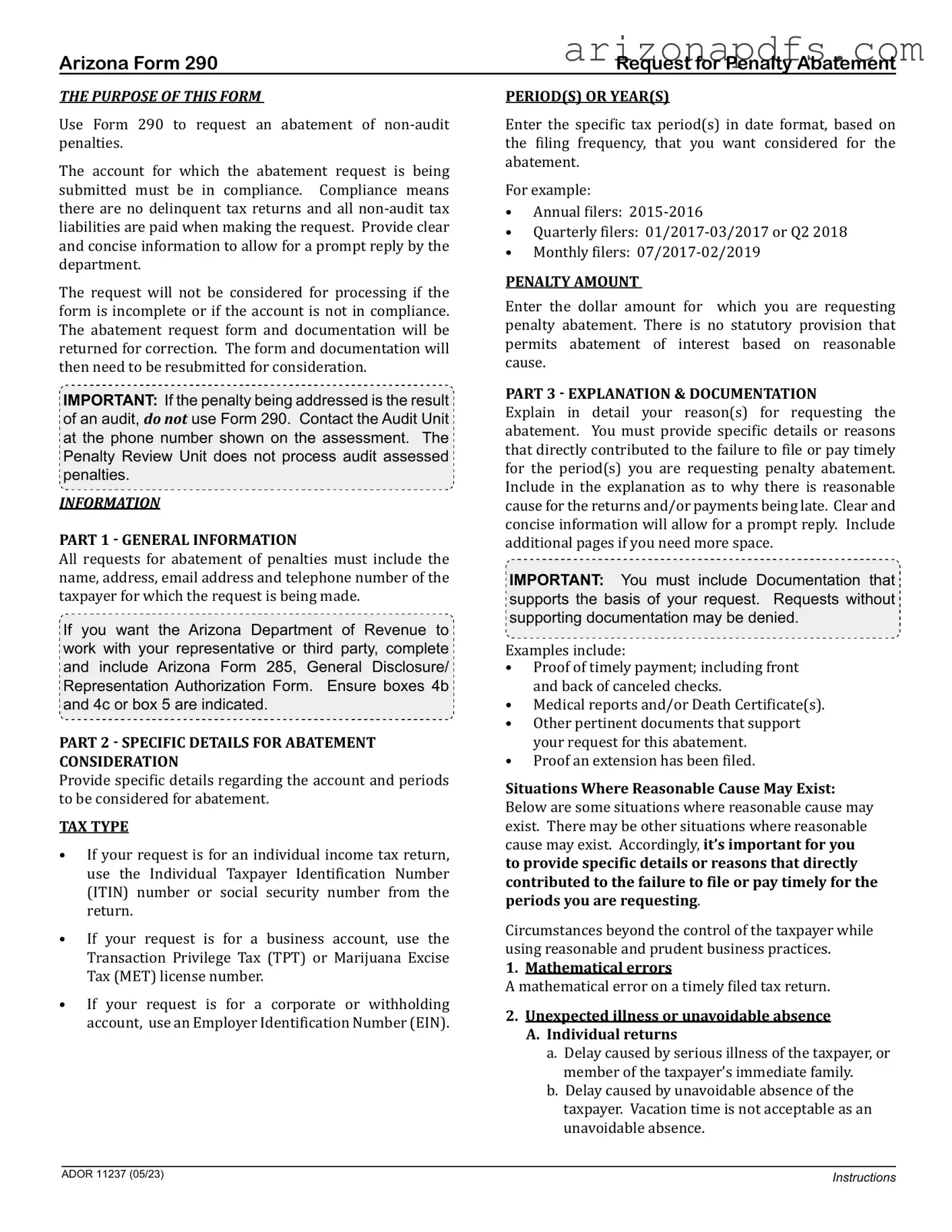 Blank 290 Arizona PDF Template