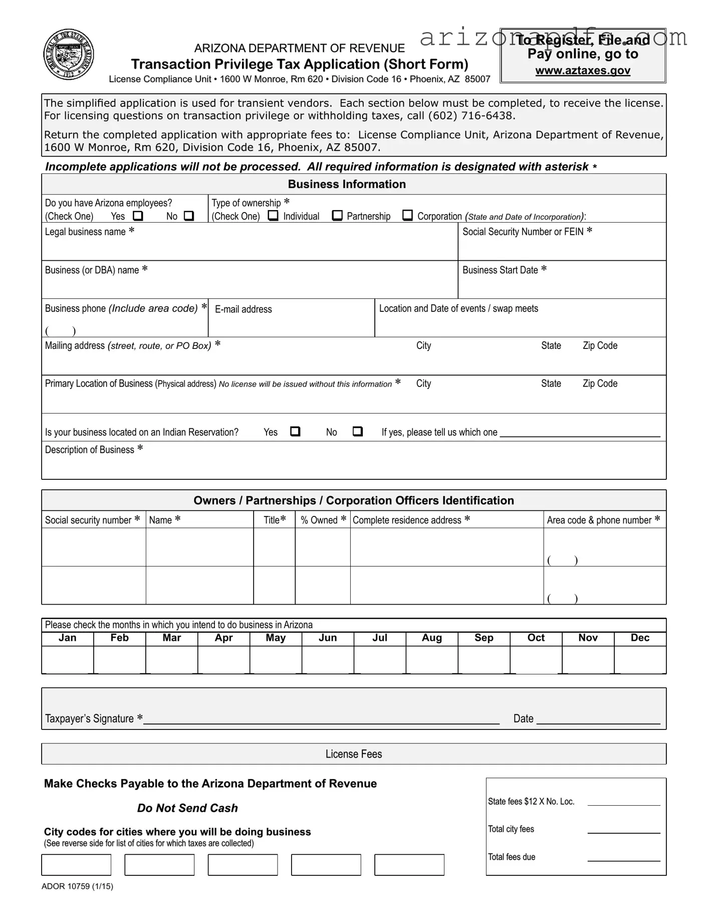 Blank Ador 10759 Arizona PDF Template