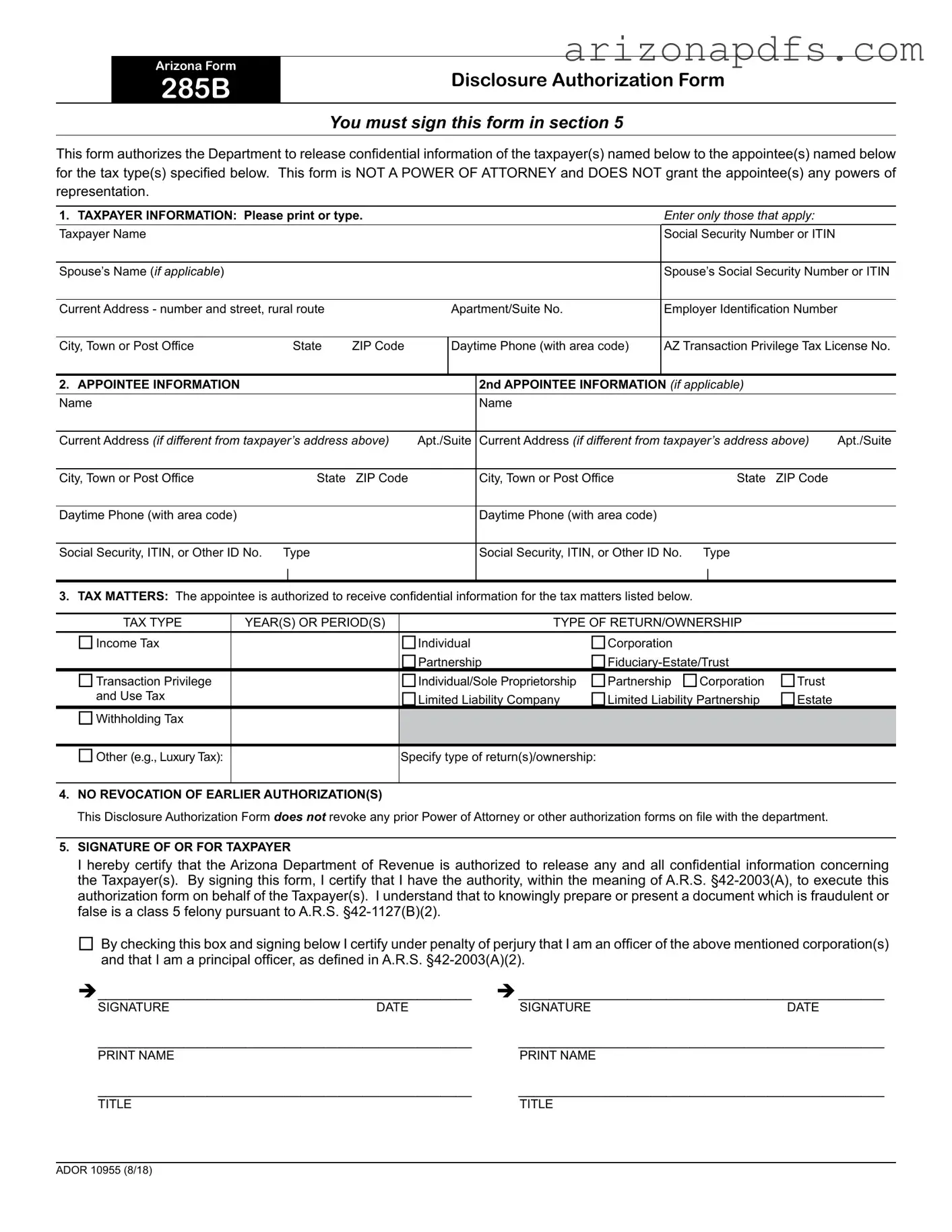 Blank Arizona 285 PDF Template