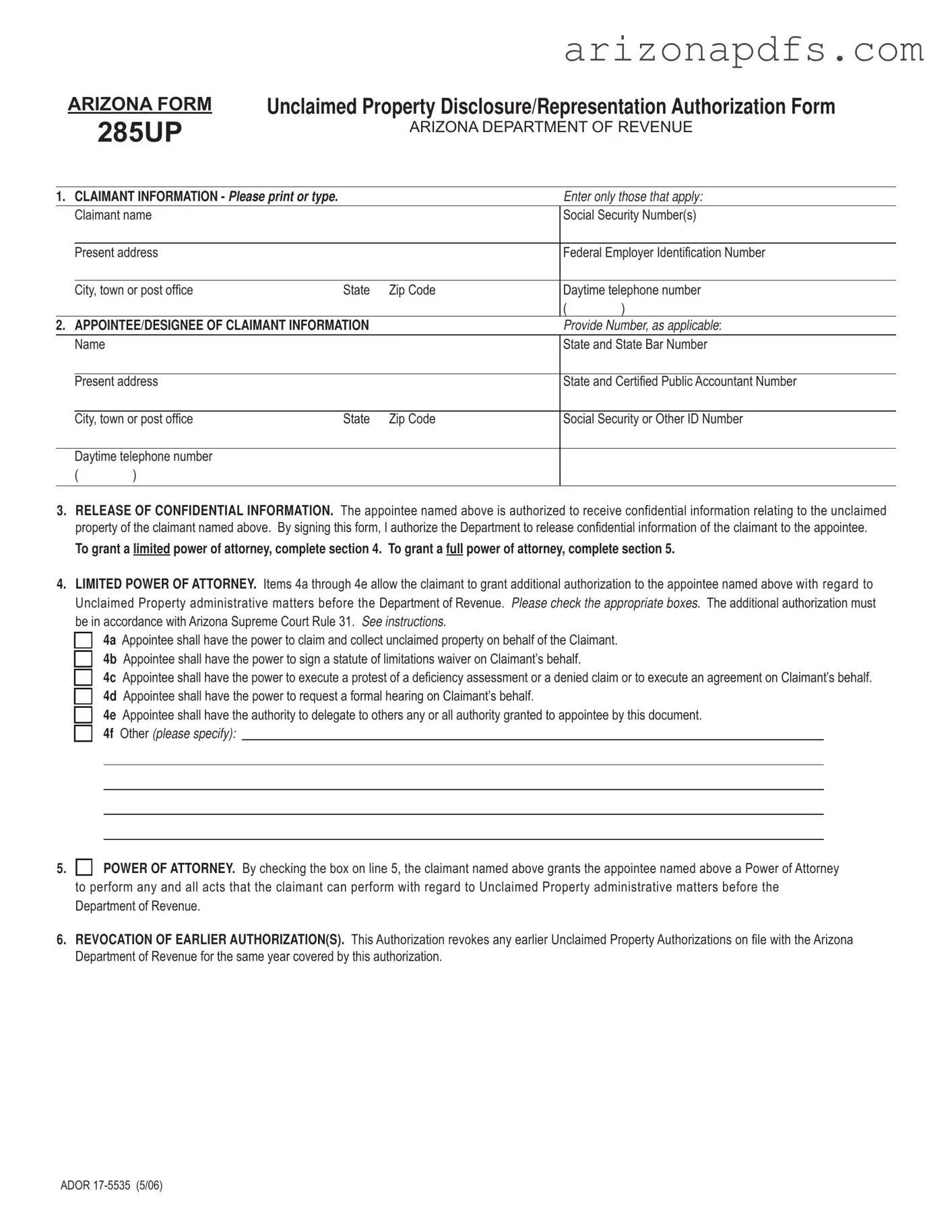 Blank Arizona 285Up PDF Template