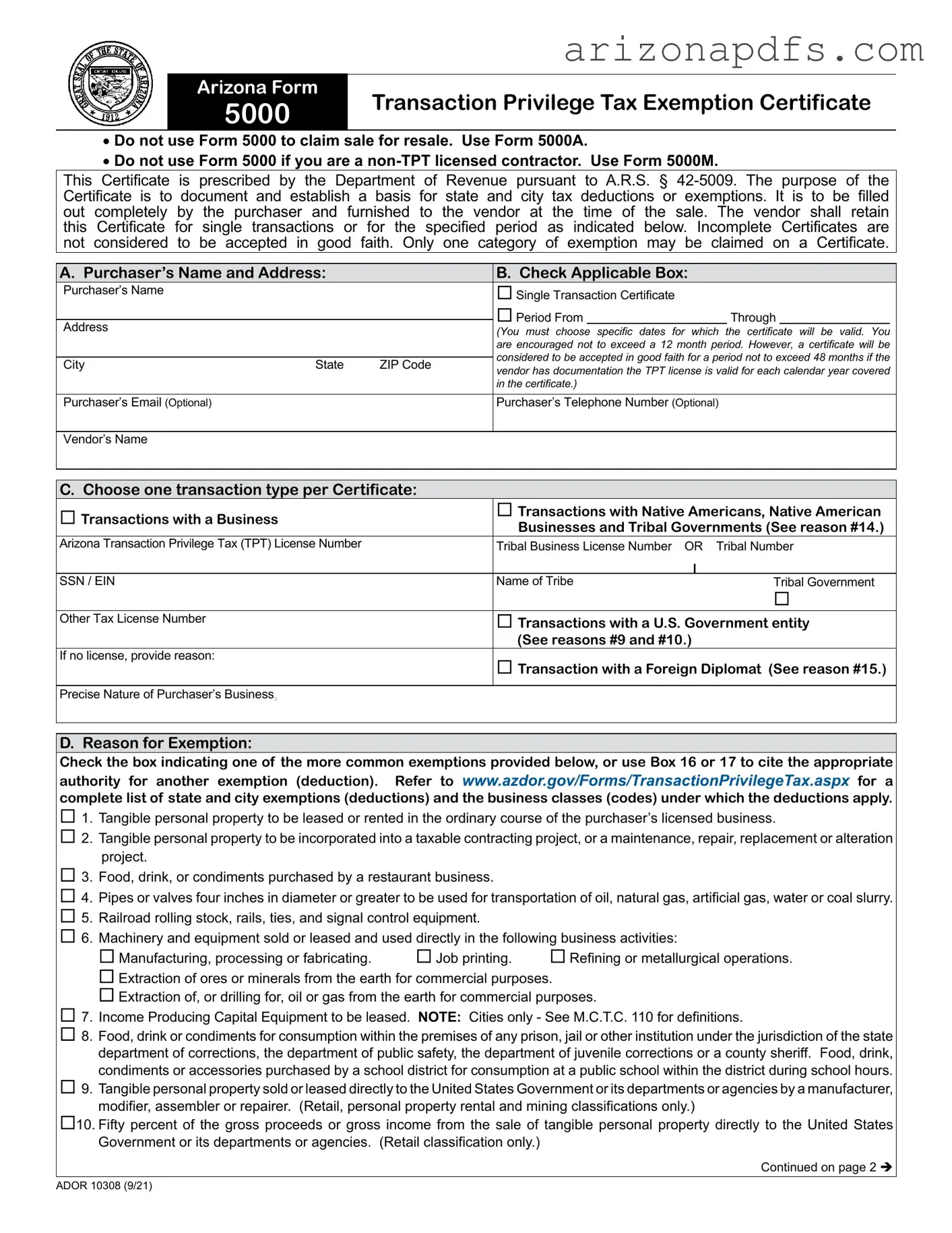 Blank Arizona 5000 PDF Template