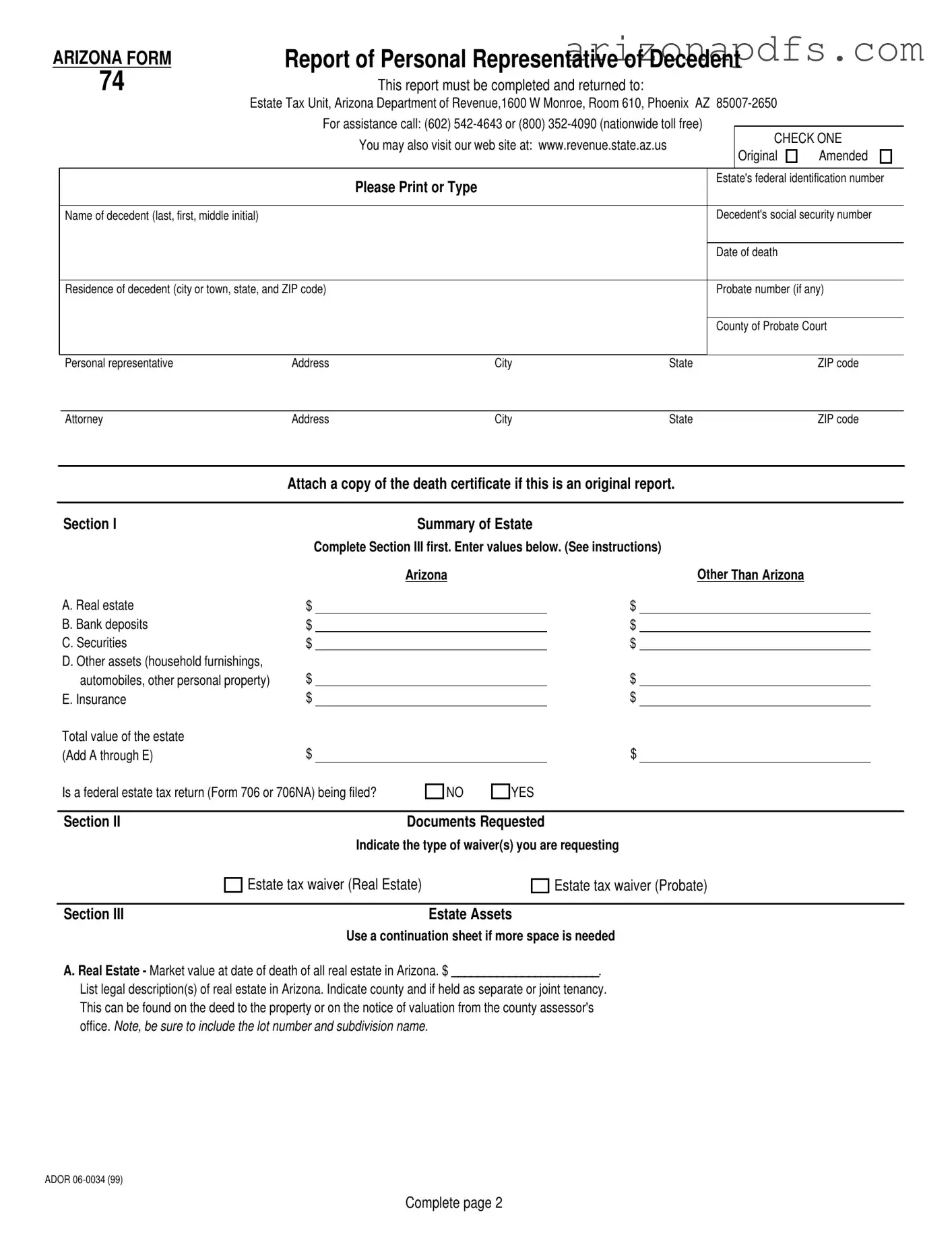 Blank Arizona 74 PDF Template