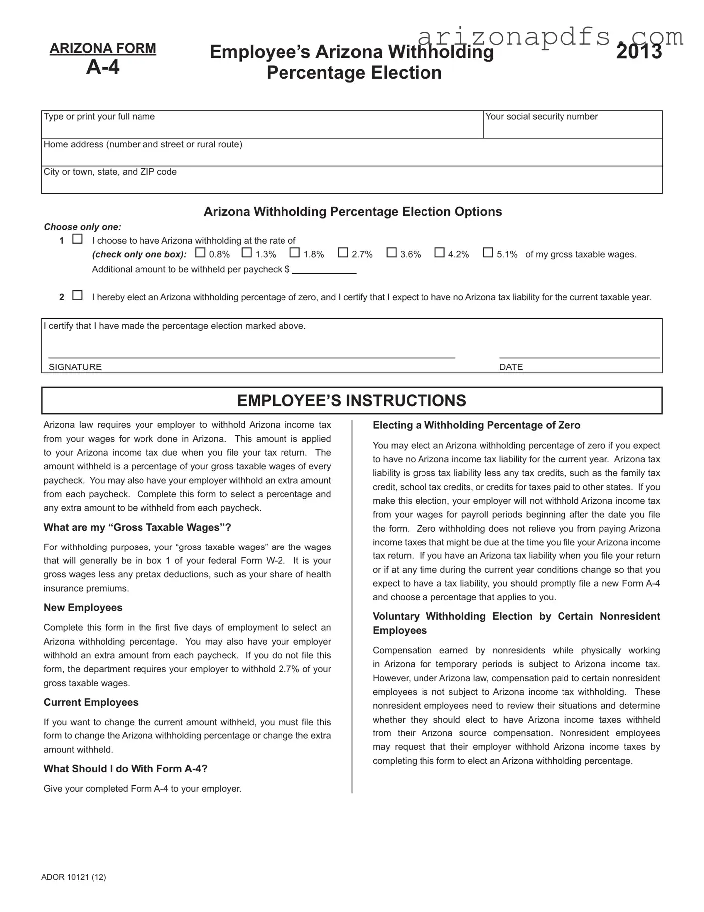 Blank Arizona A 4 PDF Template