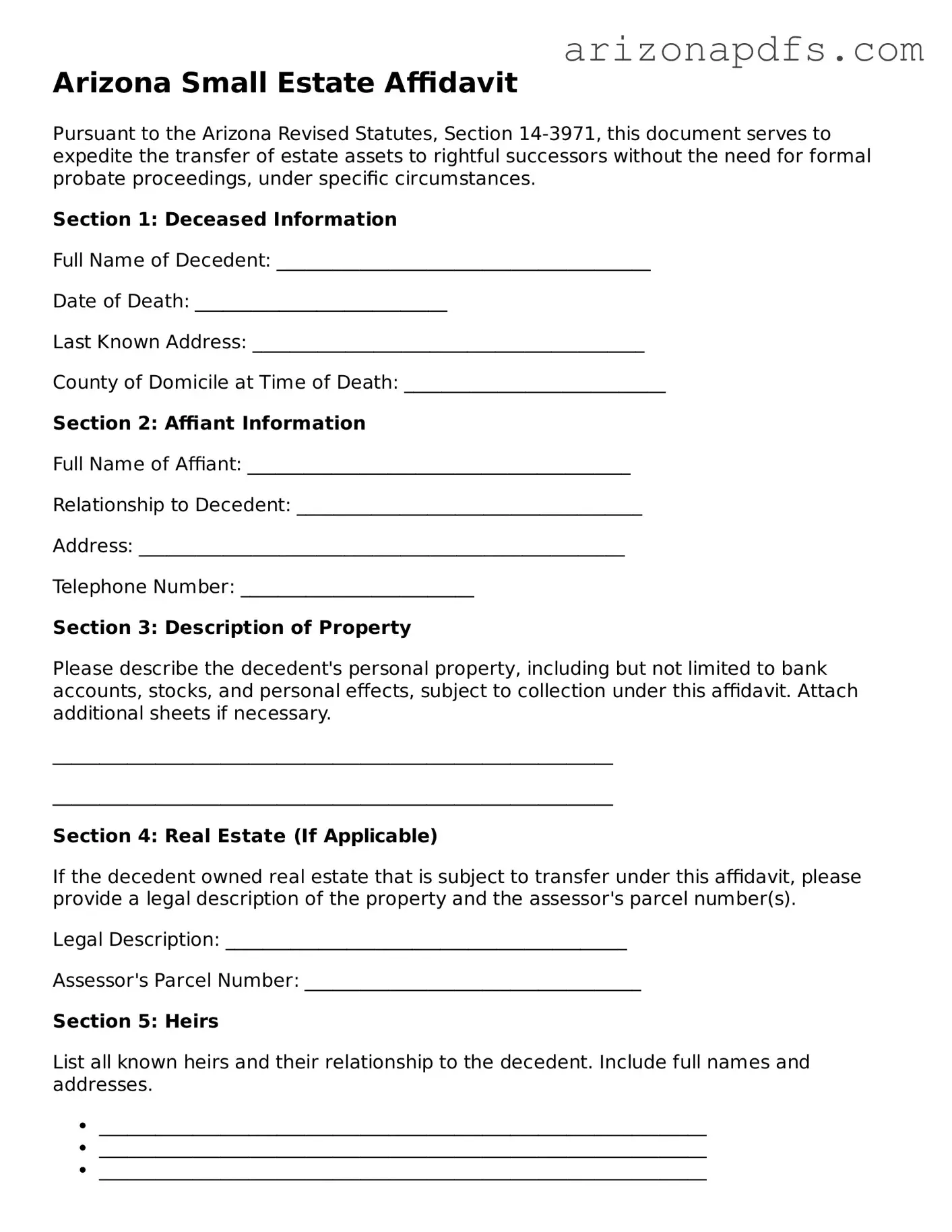 Official Arizona Small Estate Affidavit Form