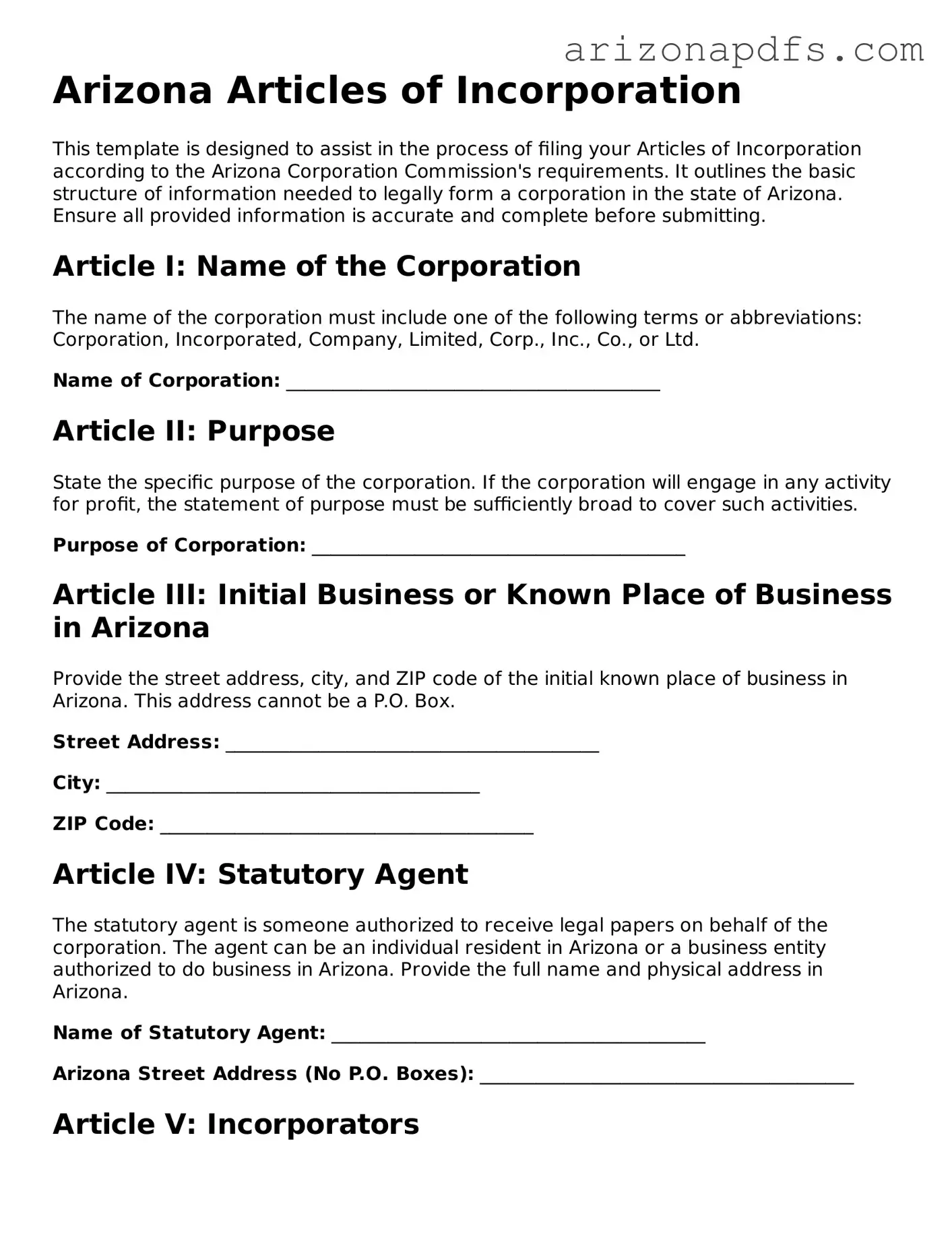 Official Arizona Articles of Incorporation Form