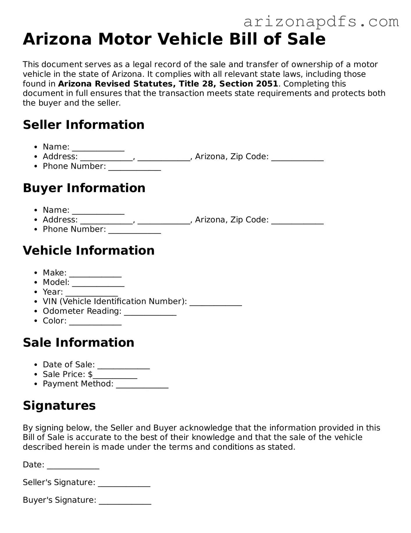 Official Arizona Motor Vehicle Bill of Sale Form
