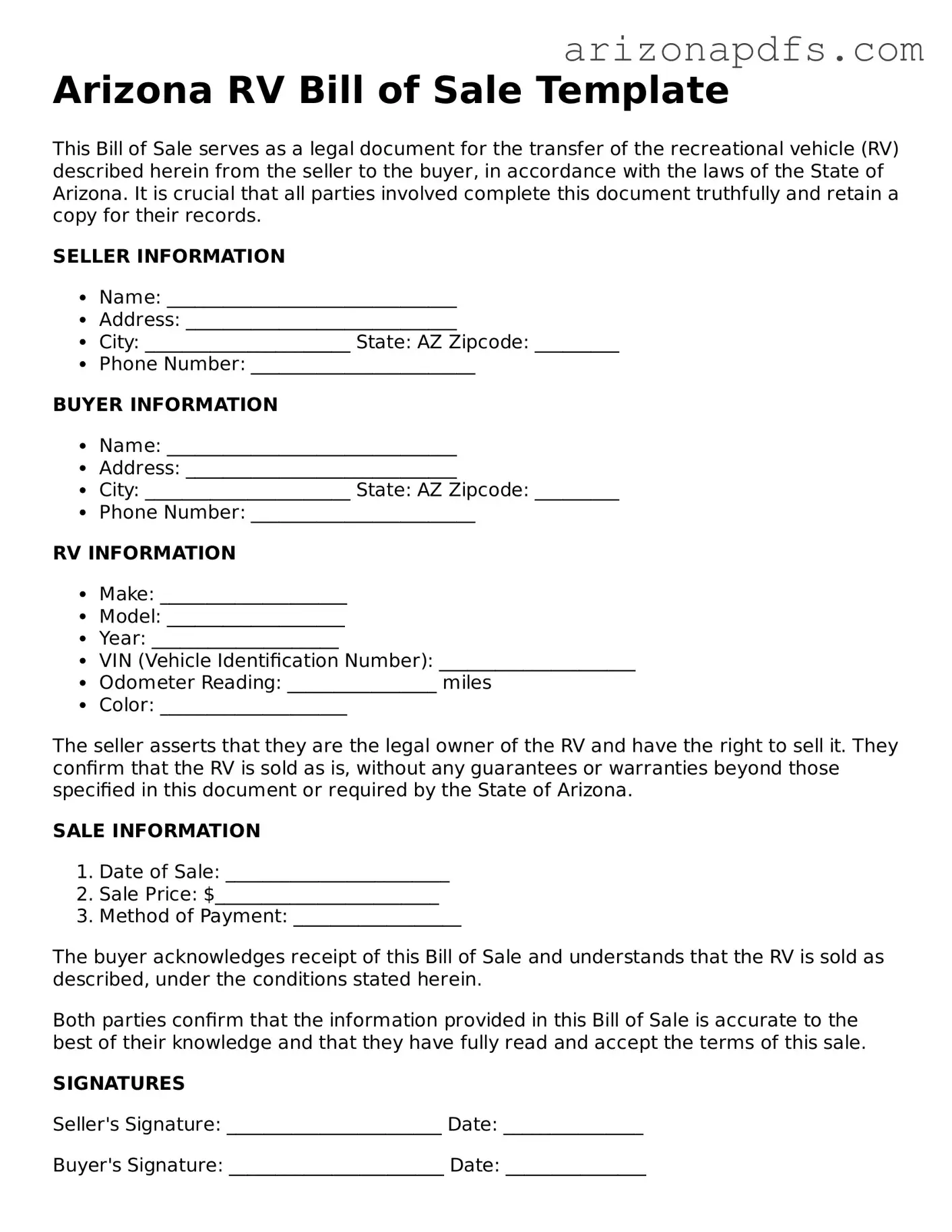 Official Arizona RV Bill of Sale Form