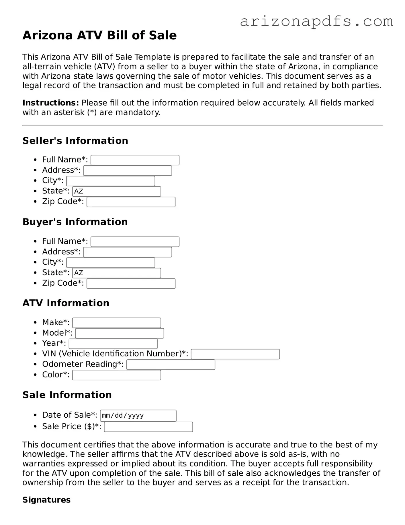 Official Arizona ATV Bill of Sale Form