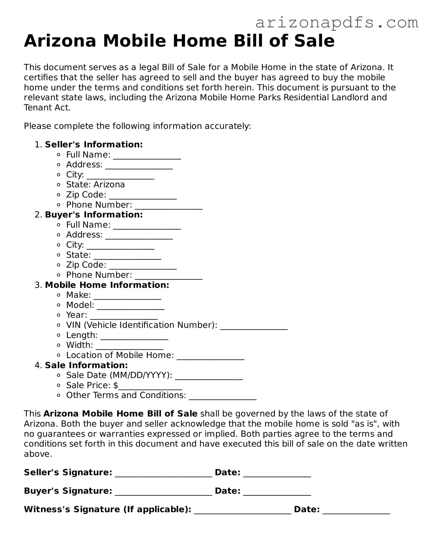 Official Arizona Mobile Home Bill of Sale Form