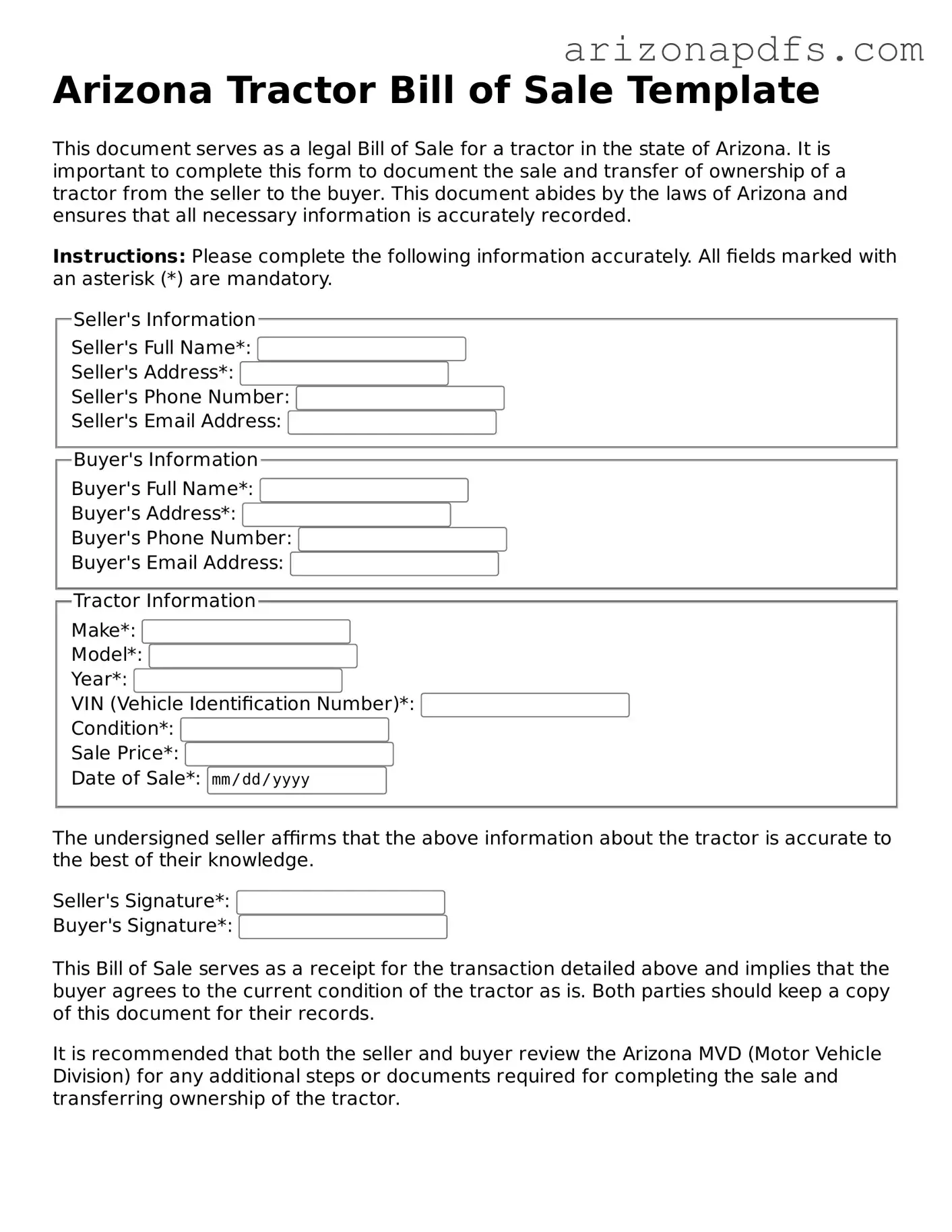 Official Arizona Tractor Bill of Sale Form