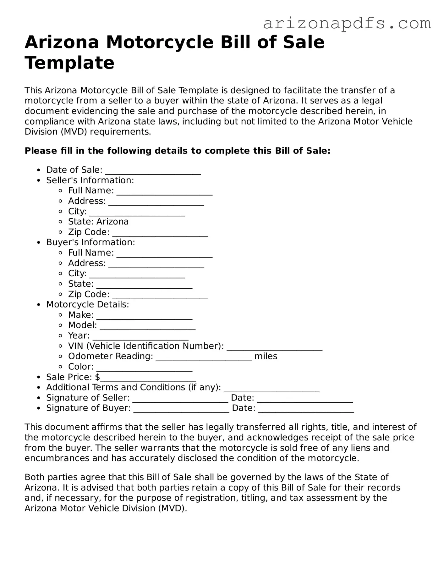 Official Arizona Motorcycle Bill of Sale Form