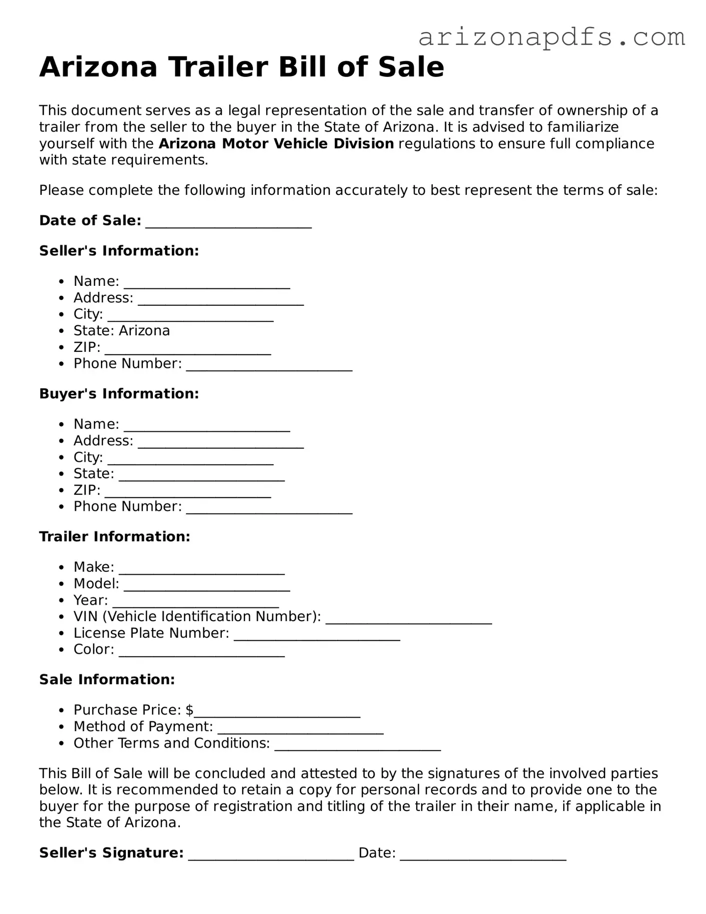 Official Arizona Trailer Bill of Sale Form