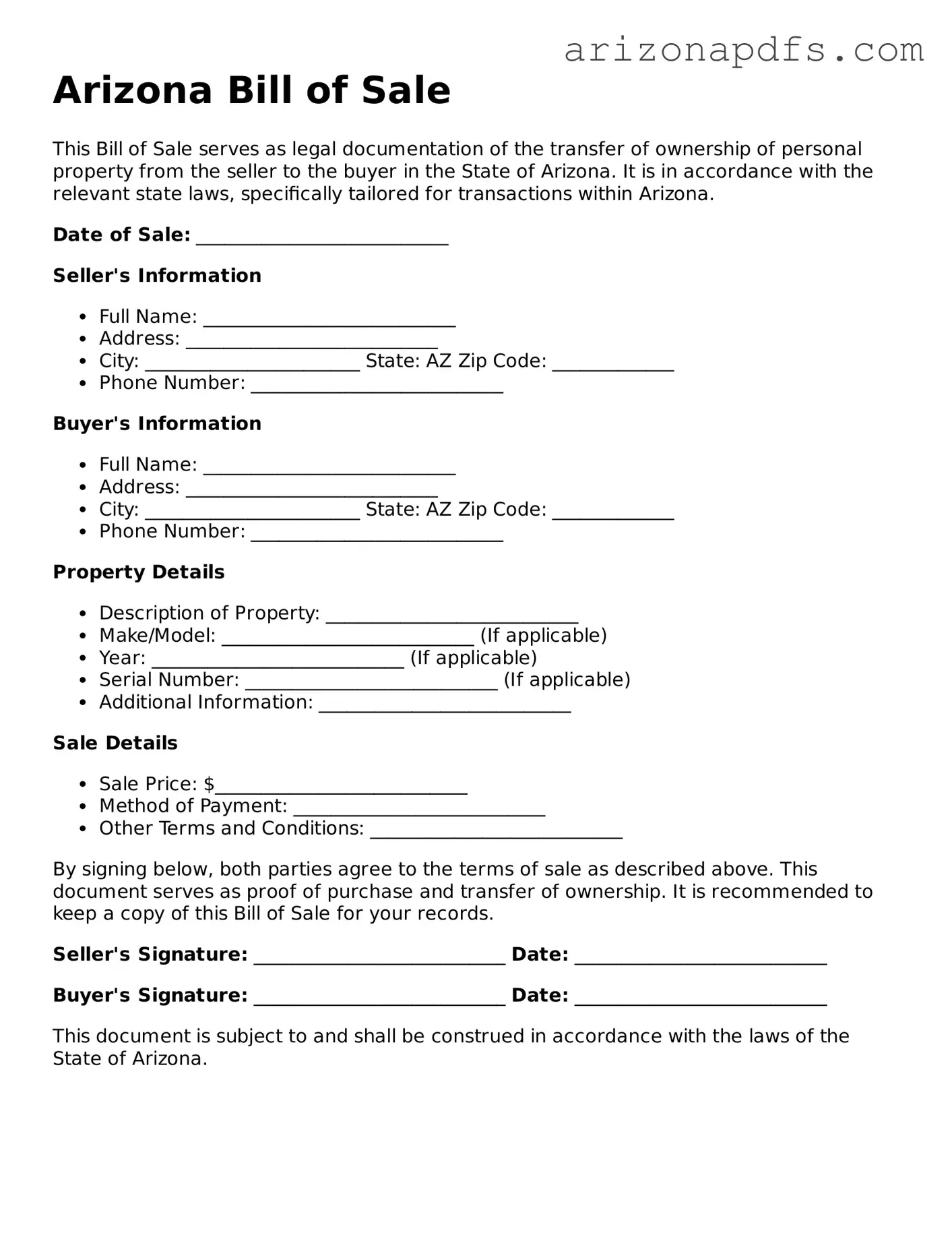 Official Arizona Bill of Sale Form