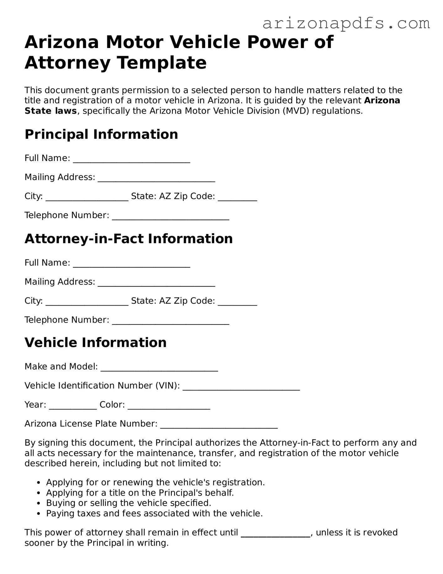 Official Arizona Motor Vehicle Power of Attorney Form
