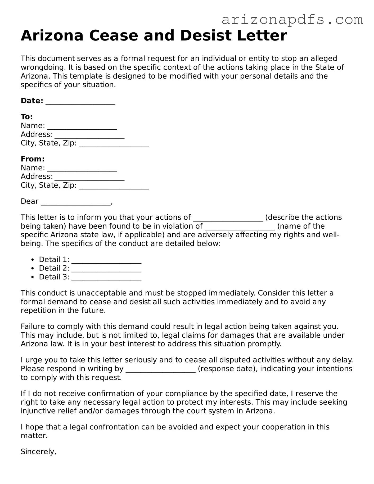 Official Arizona Cease and Desist Letter Form