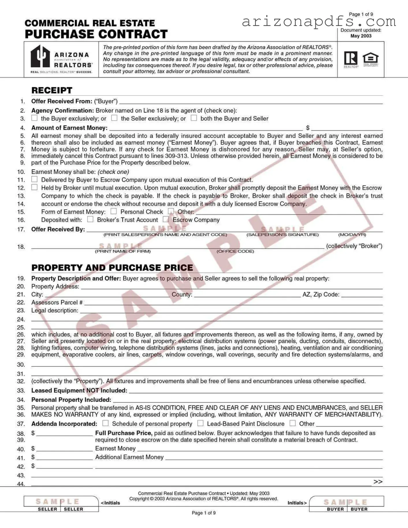 Blank Arizona Commercial Real Contract PDF Template