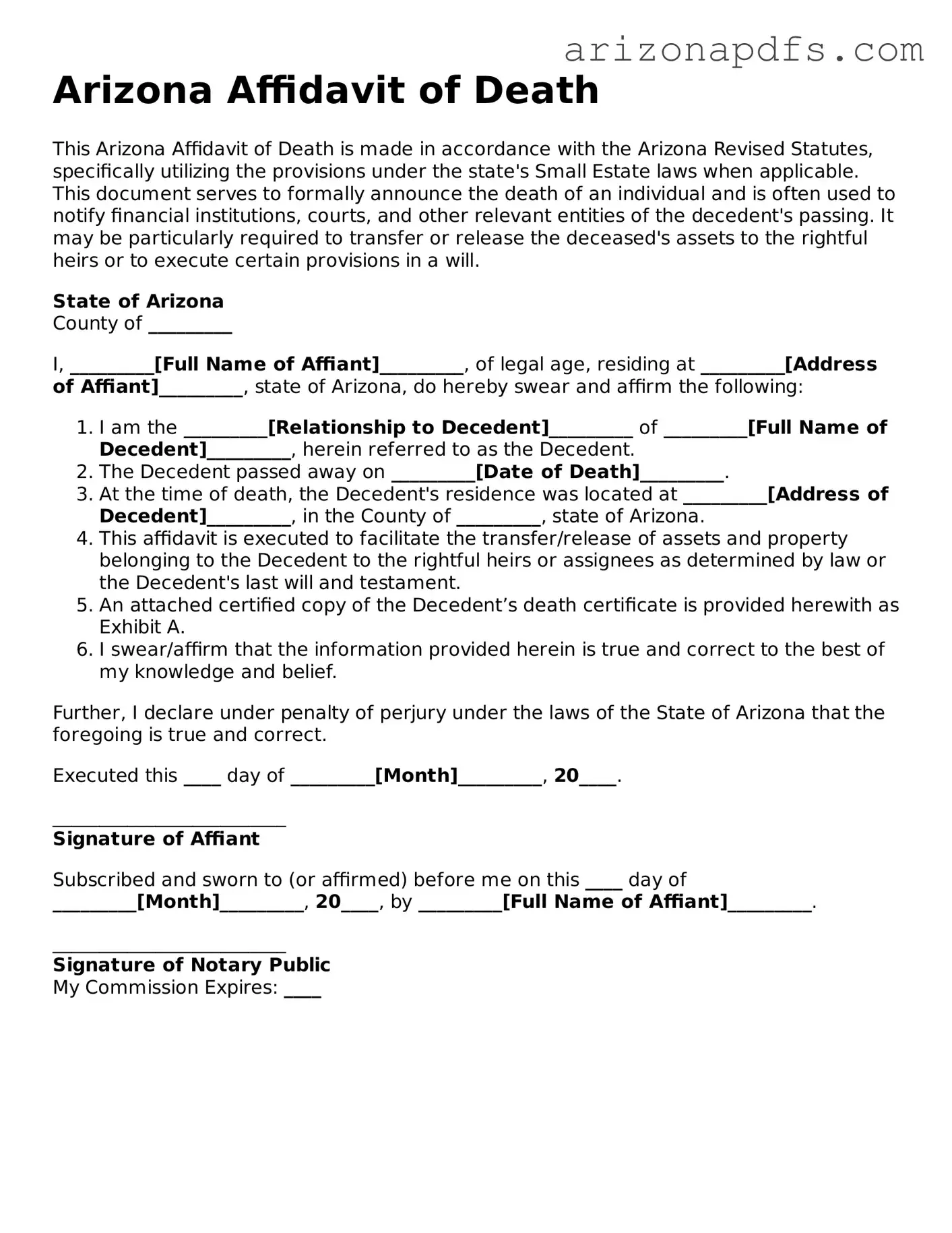 Official Arizona Affidavit of Death Form
