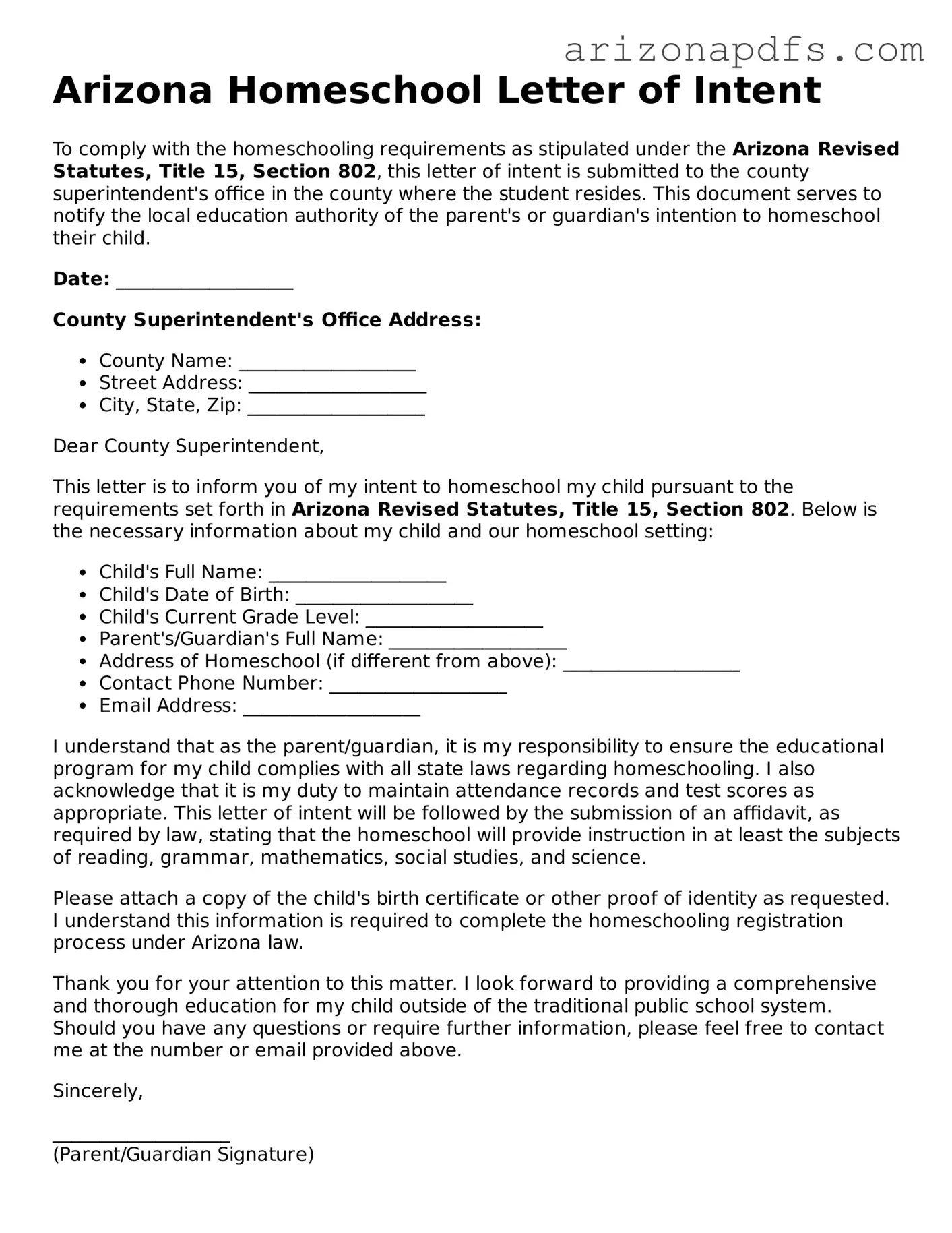 Official Arizona Homeschool Letter of Intent Form