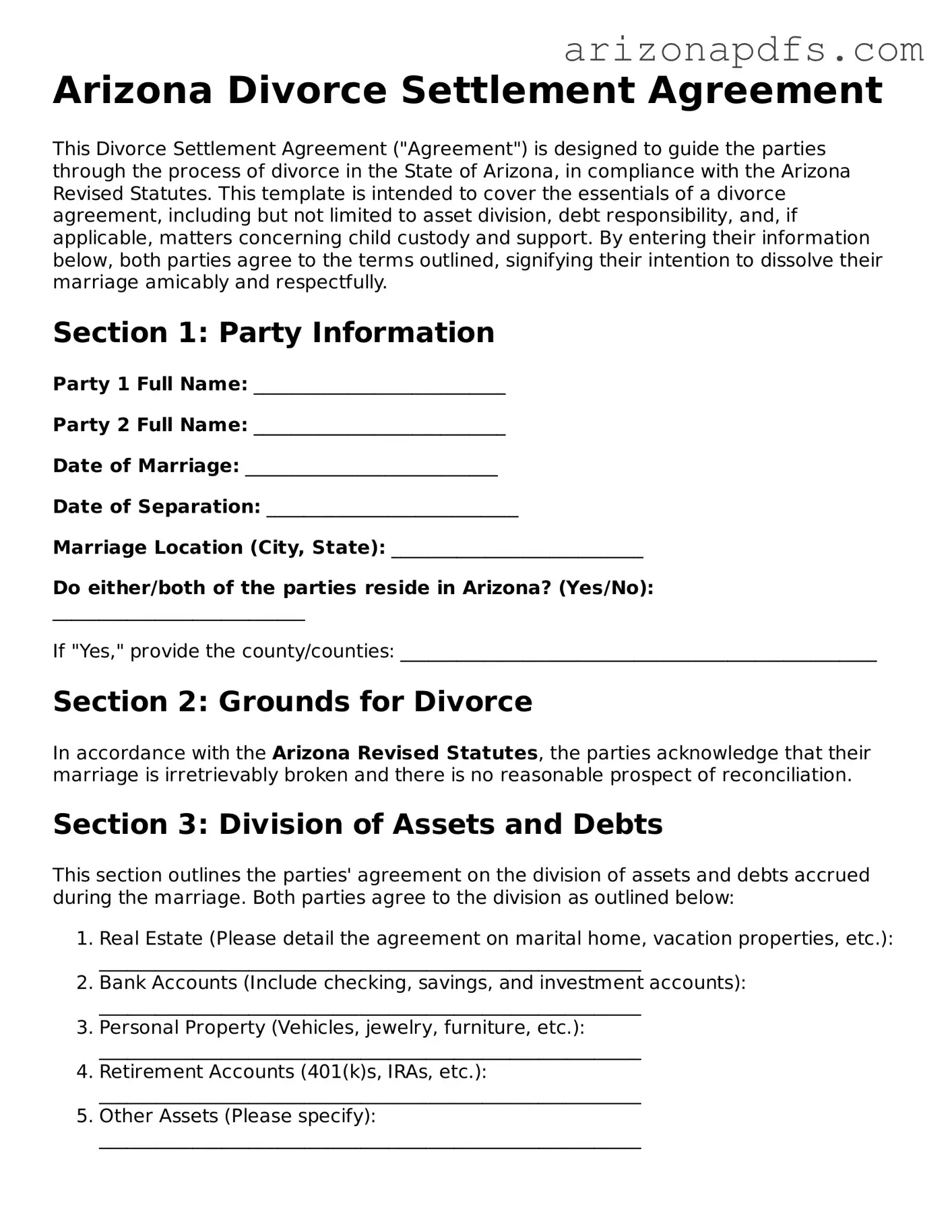 Official Arizona Divorce Settlement Agreement Form