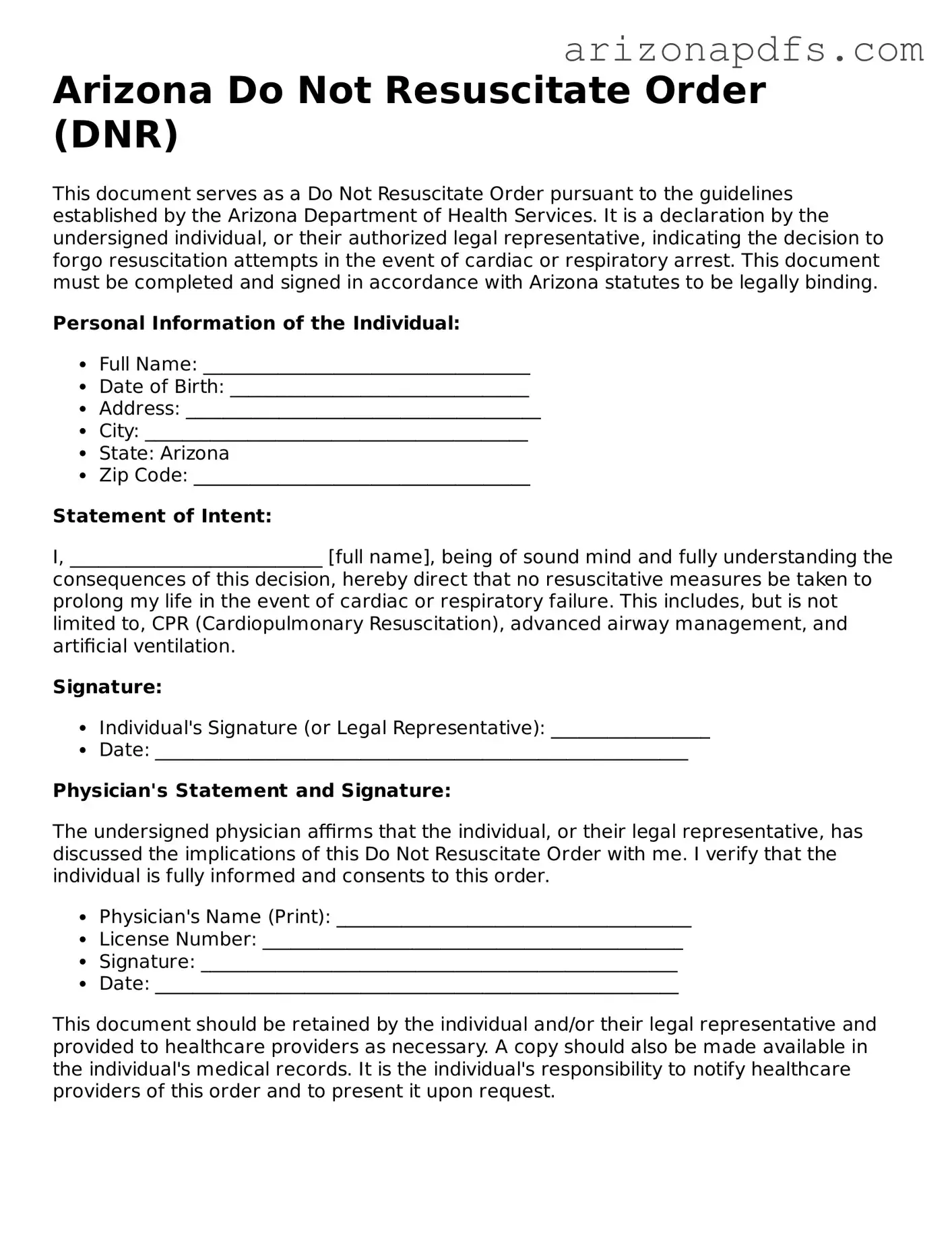 Official Arizona Do Not Resuscitate Order Form