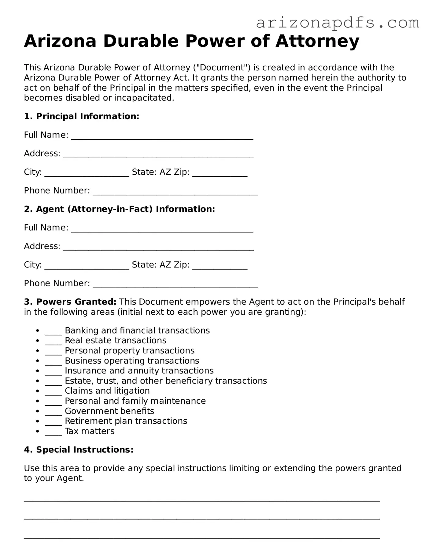 Official Arizona Durable Power of Attorney Form