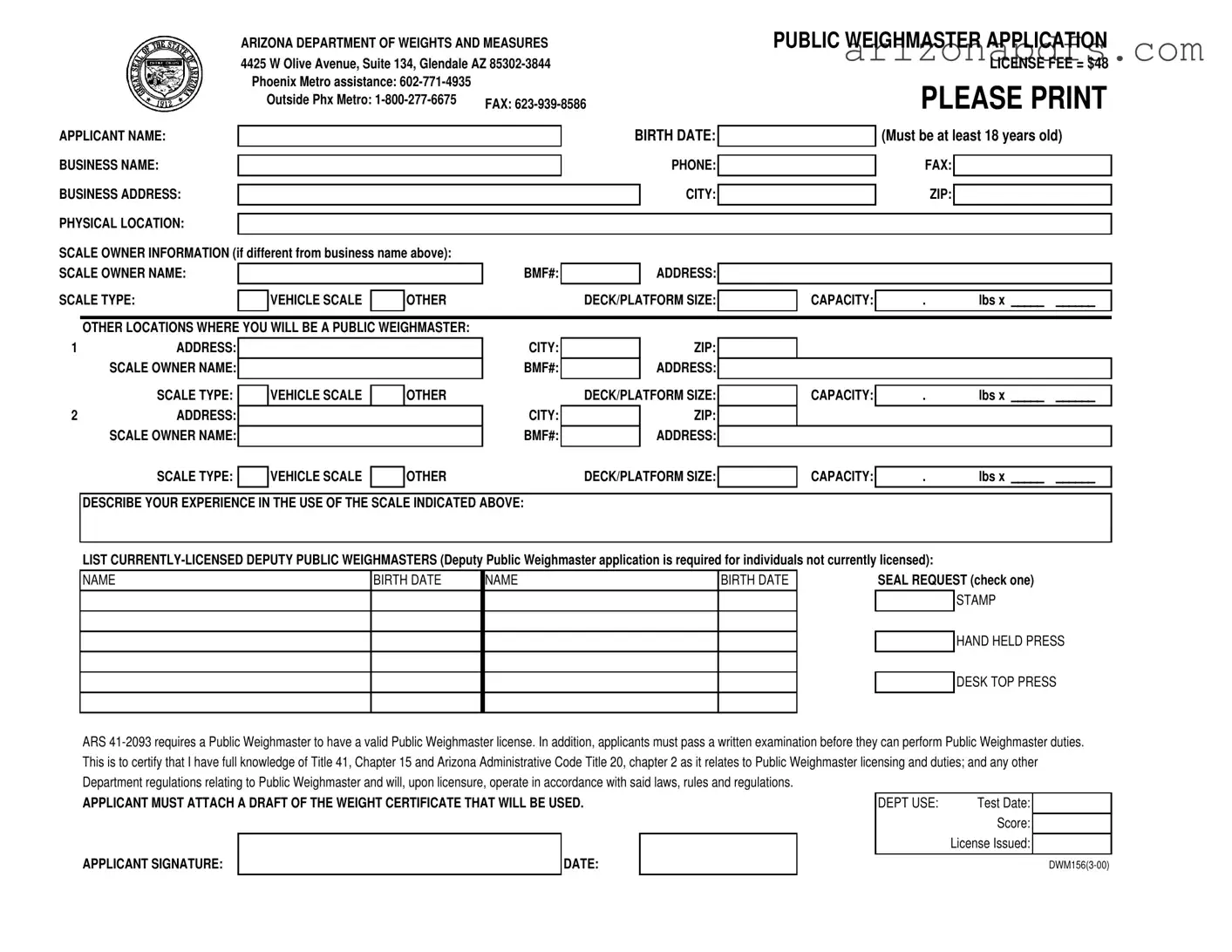 Blank Arizona Dwm156 PDF Template