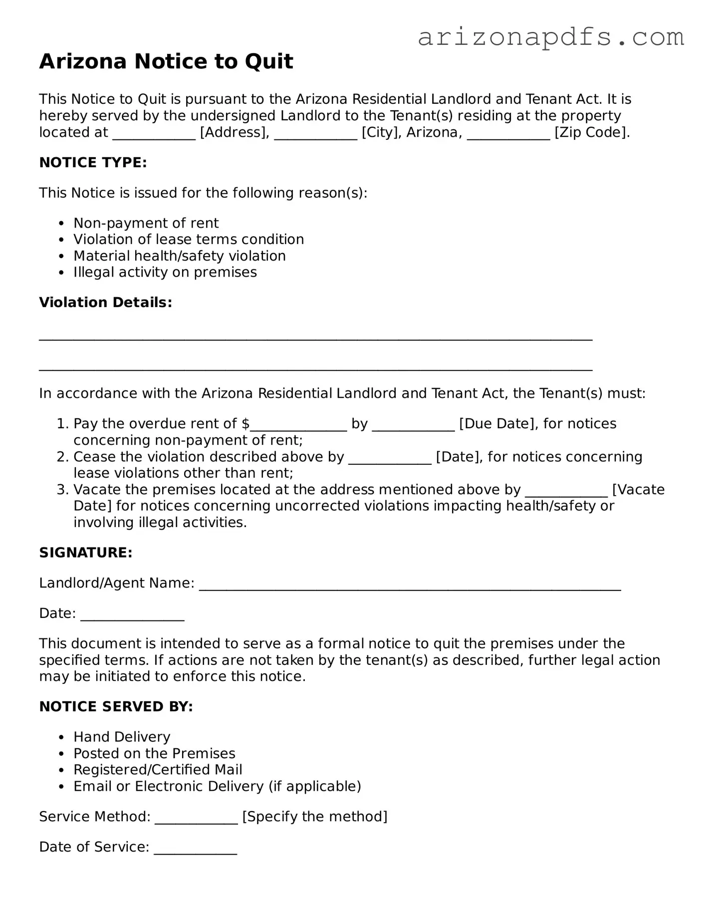 Official Arizona Notice to Quit Form