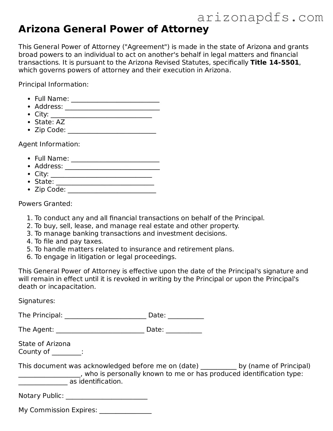 Official Arizona General Power of Attorney Form