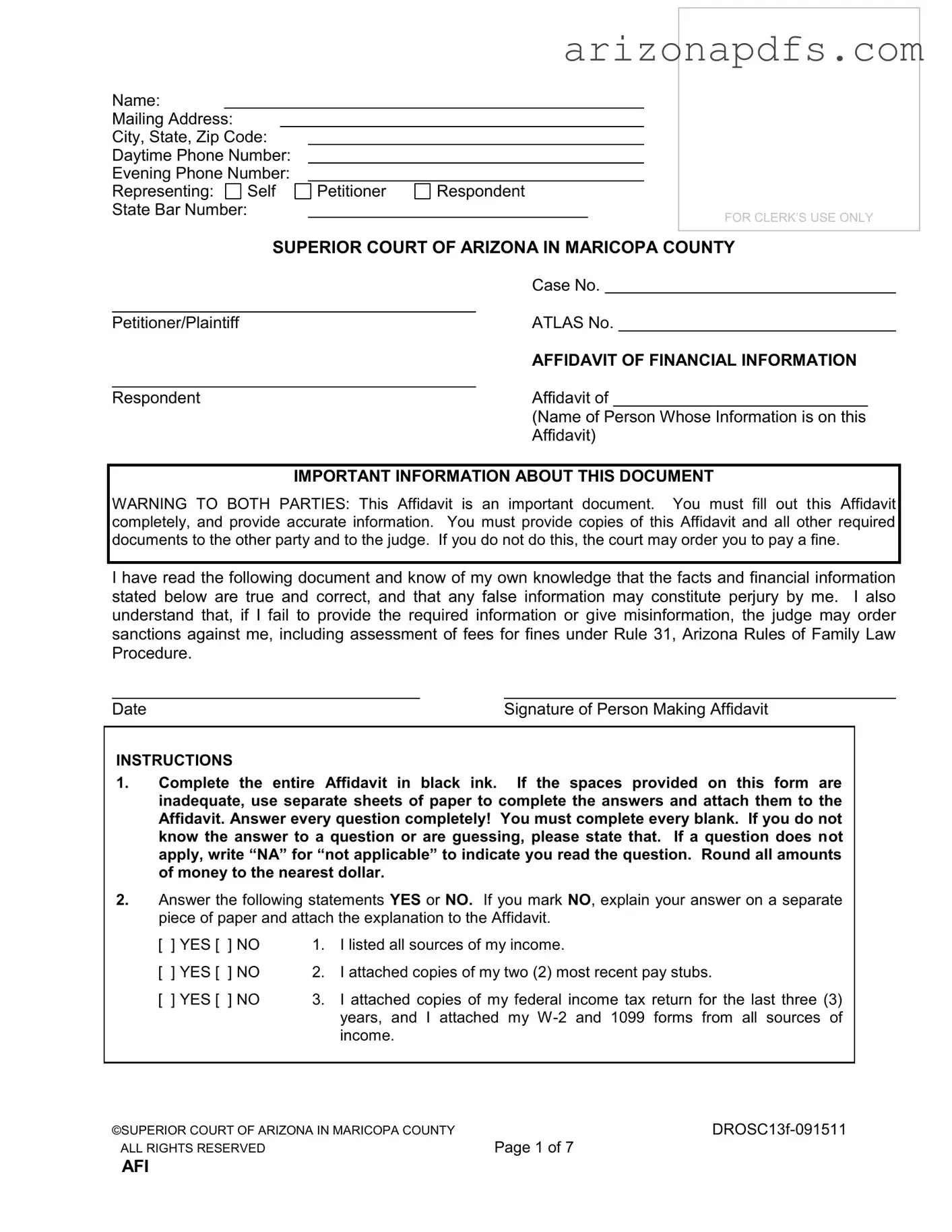Blank Arizona Financial PDF Template