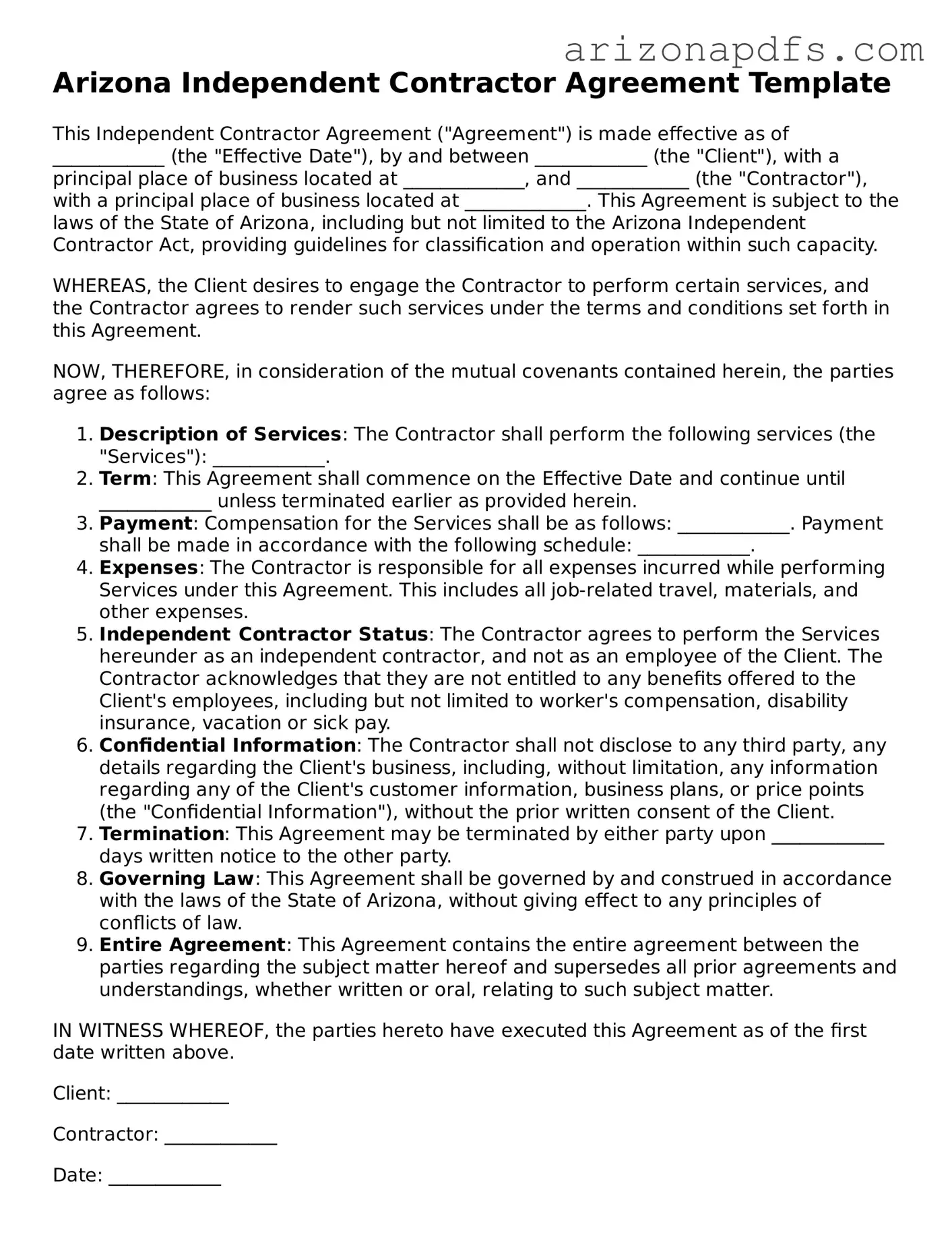Official Arizona Independent Contractor Agreement Form