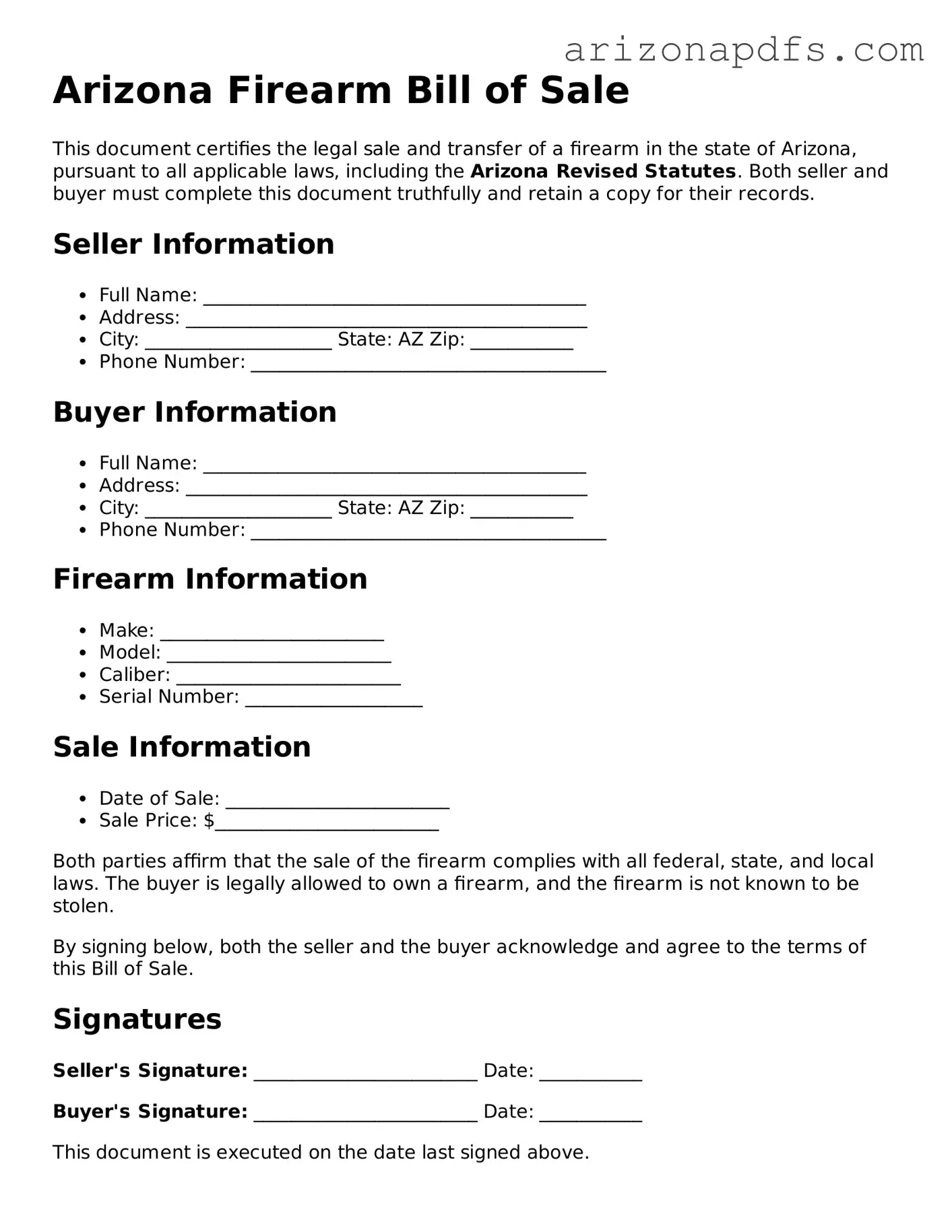 Official Arizona Firearm Bill of Sale Form