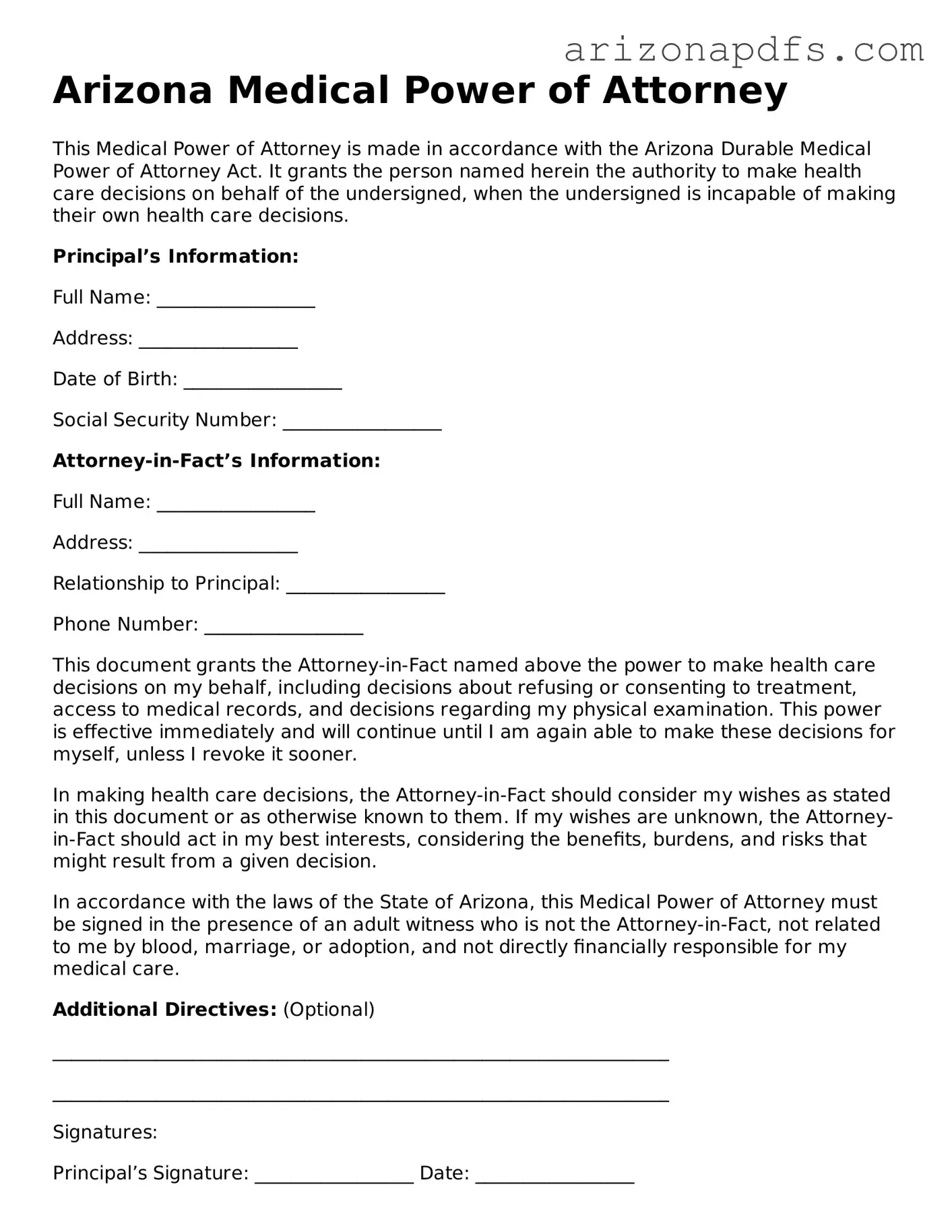 Official Arizona Medical Power of Attorney Form