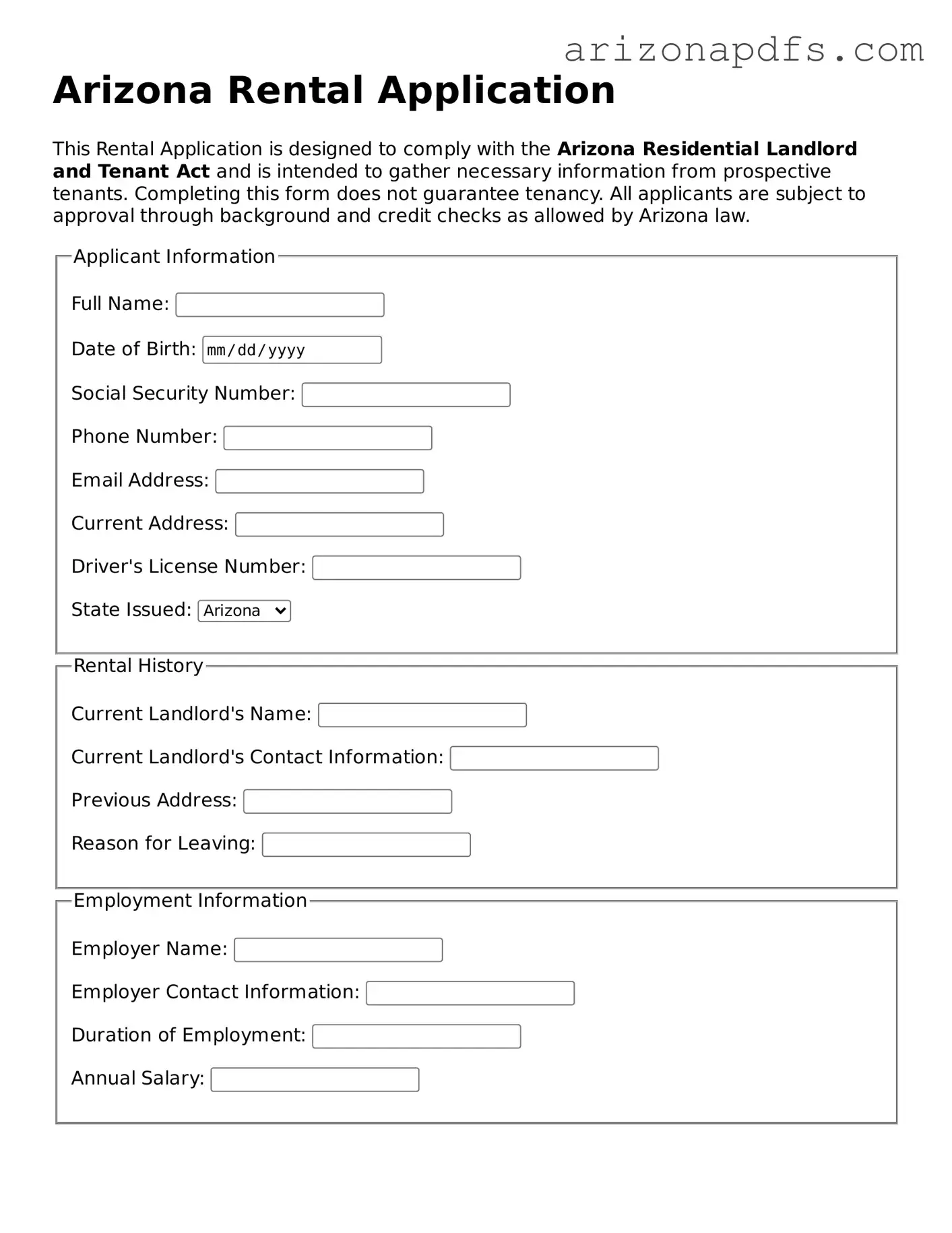 Official Arizona Rental Application Form