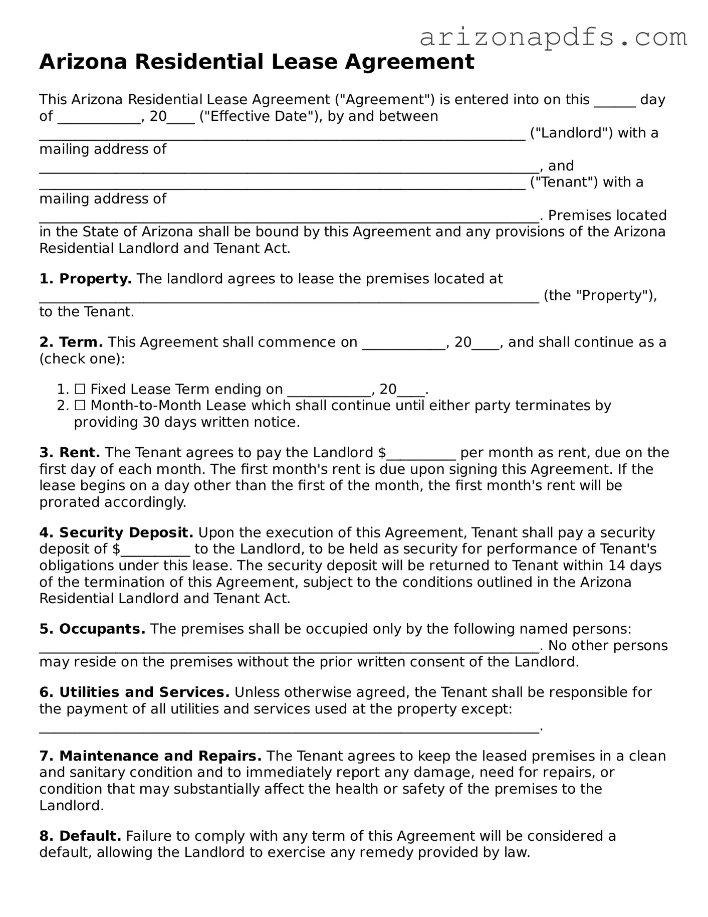 Official Arizona Residential Lease Agreement Form