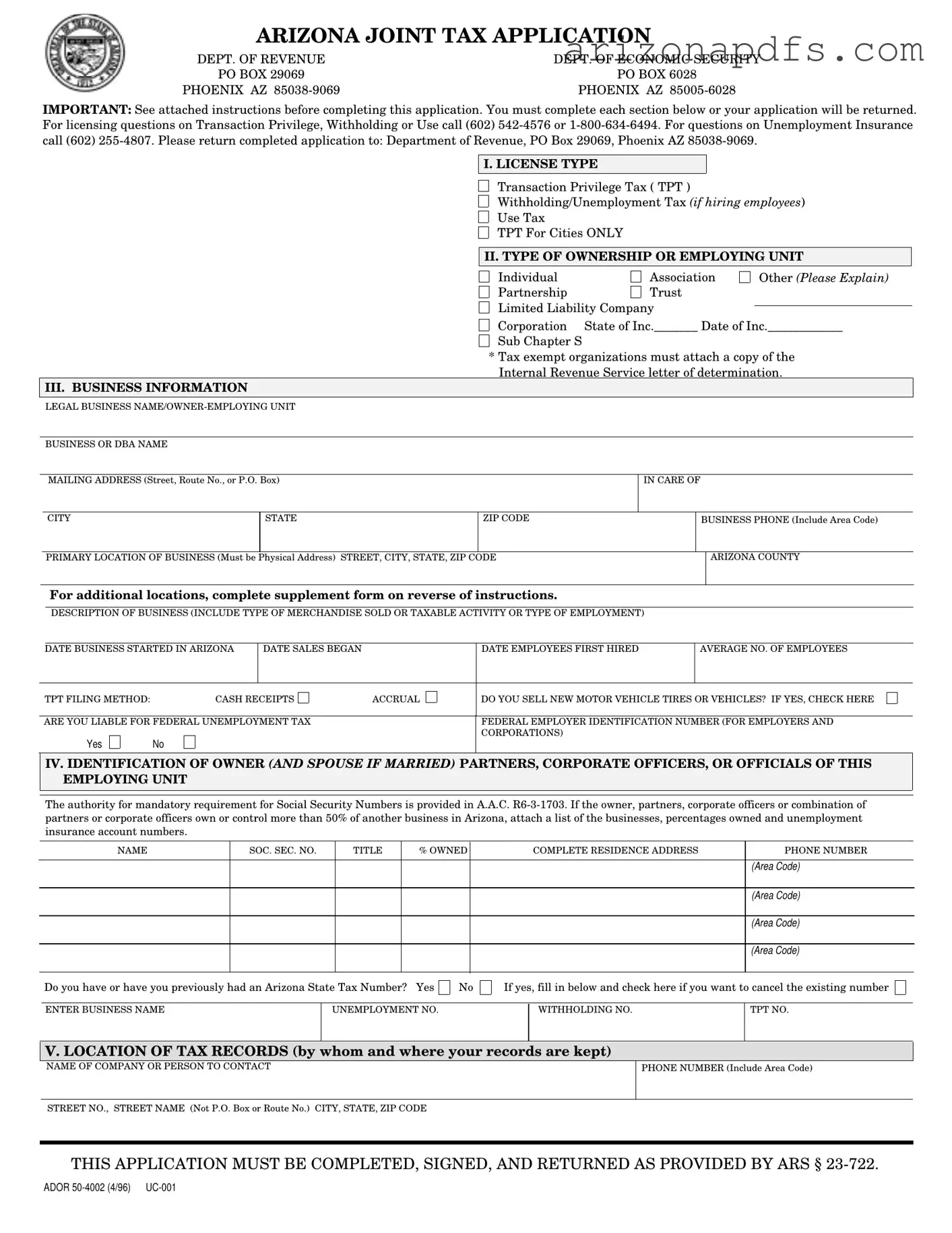 Blank Arizona Joint Tax Application PDF Template