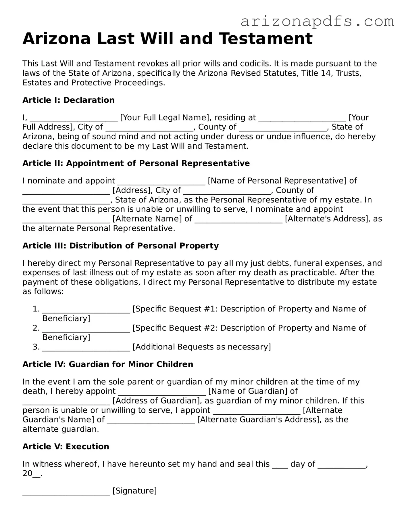 Official Arizona Last Will and Testament Form