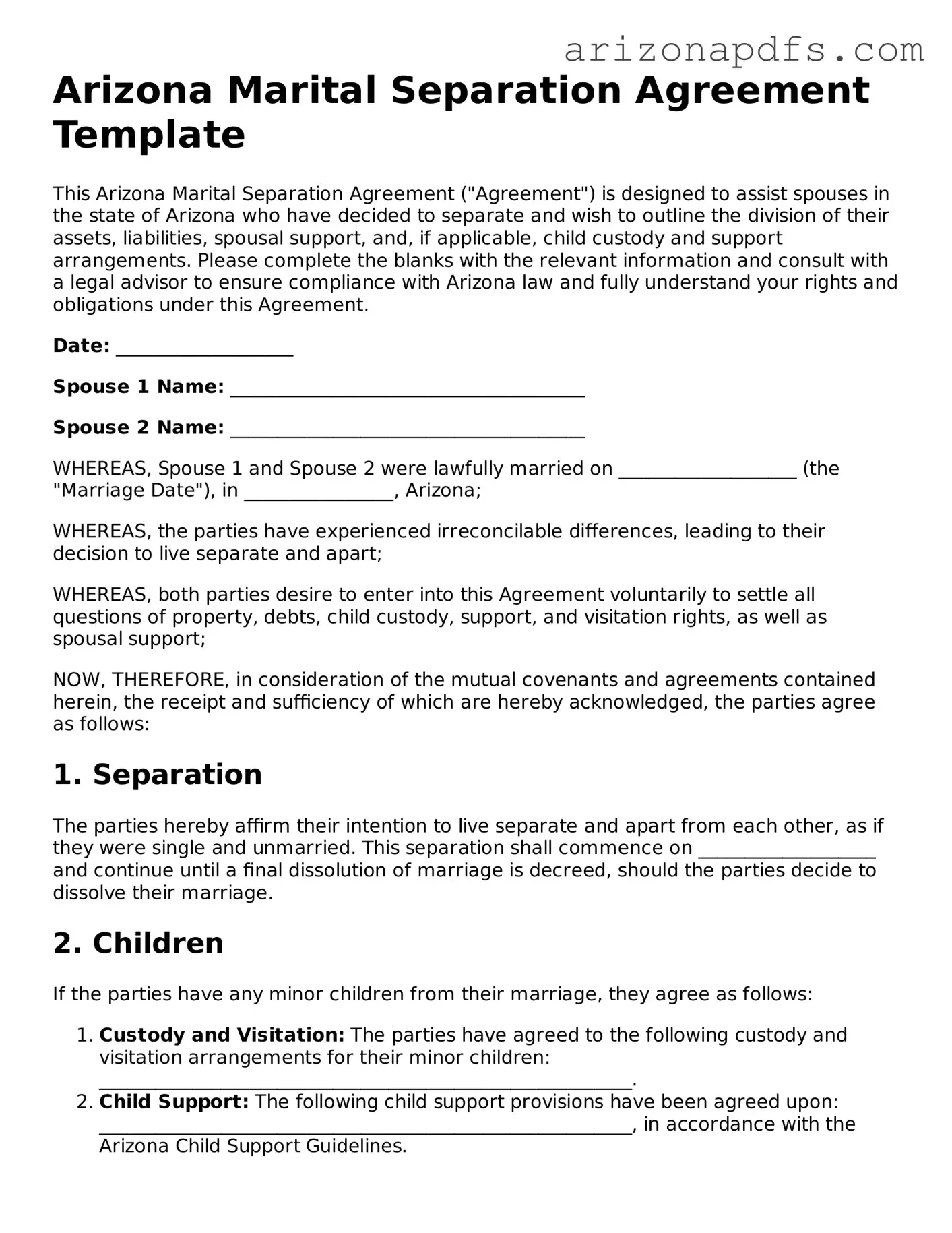 Official Arizona Marital Separation Agreement Form