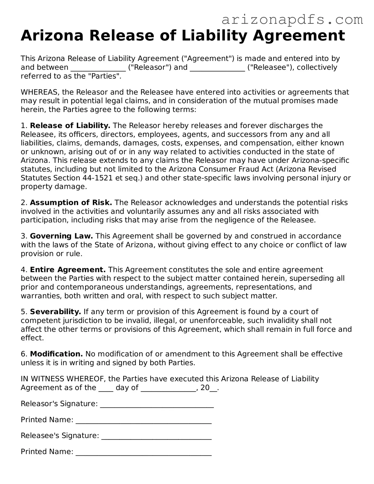 Official Arizona Release of Liability Form