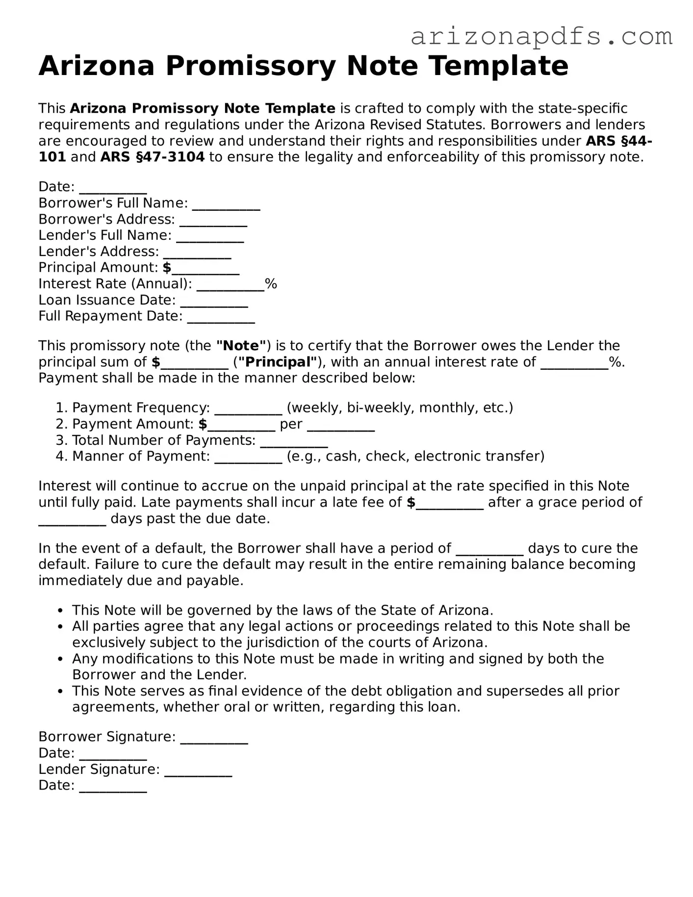 Official Arizona Promissory Note Form