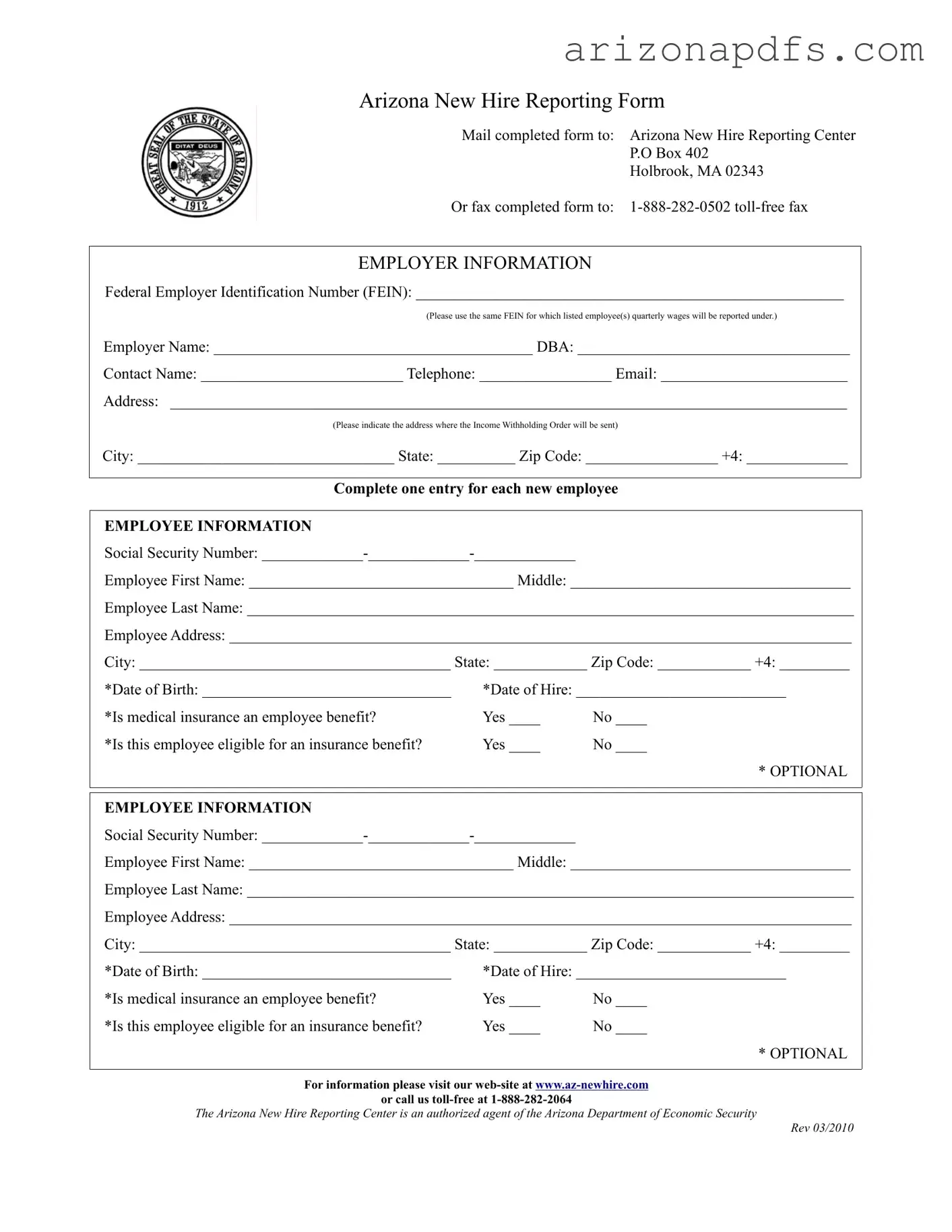 Blank Arizona New Hire Reporting PDF Template