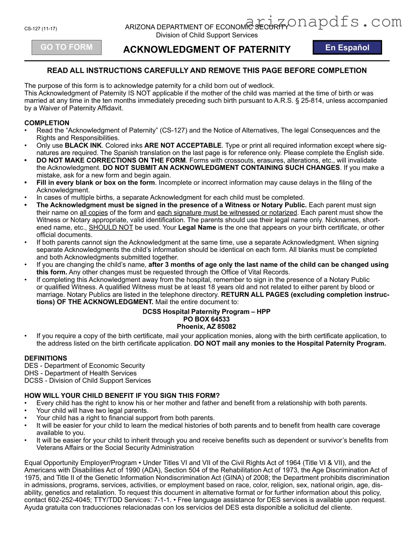 Blank Arizona Paternity PDF Template