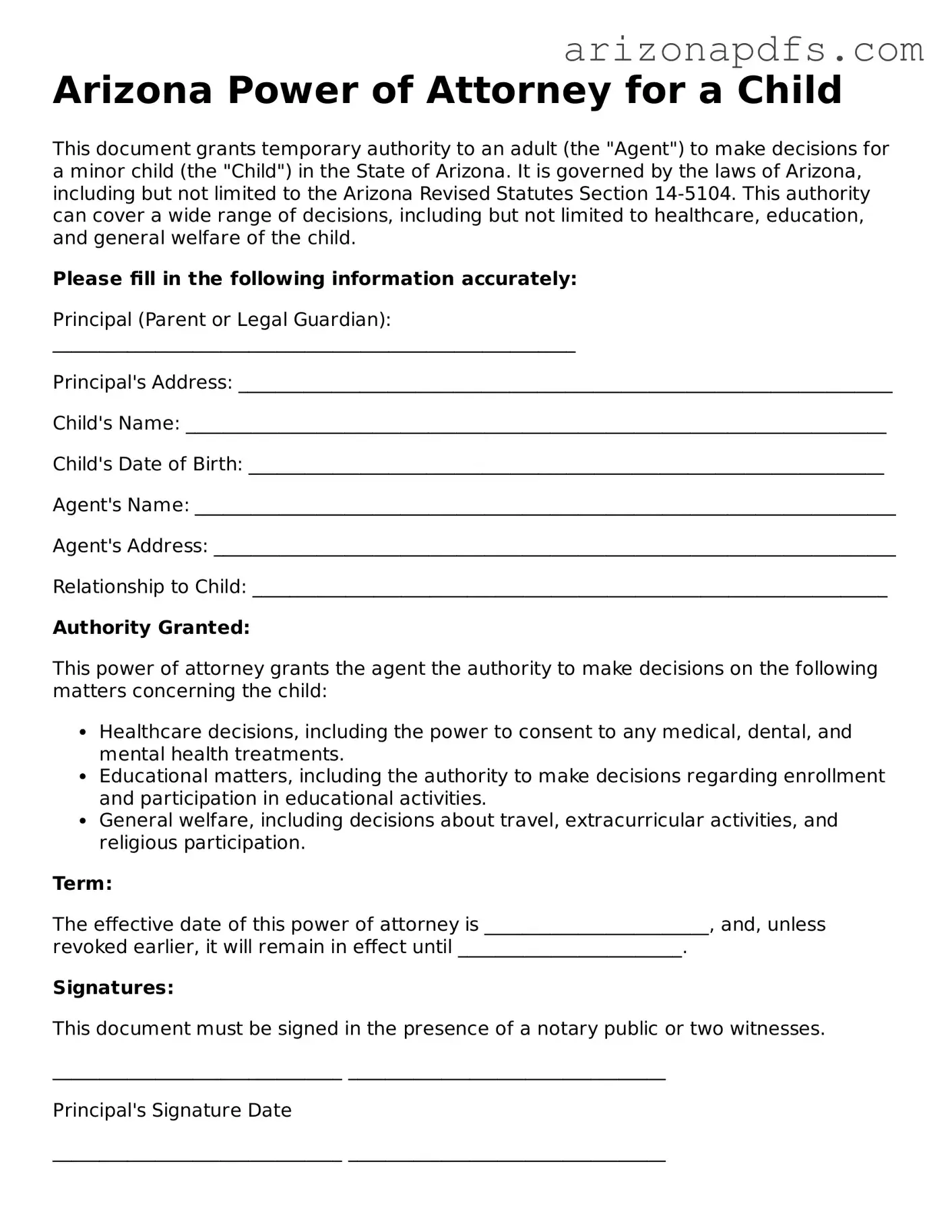 Official Arizona Power of Attorney for a Child Form