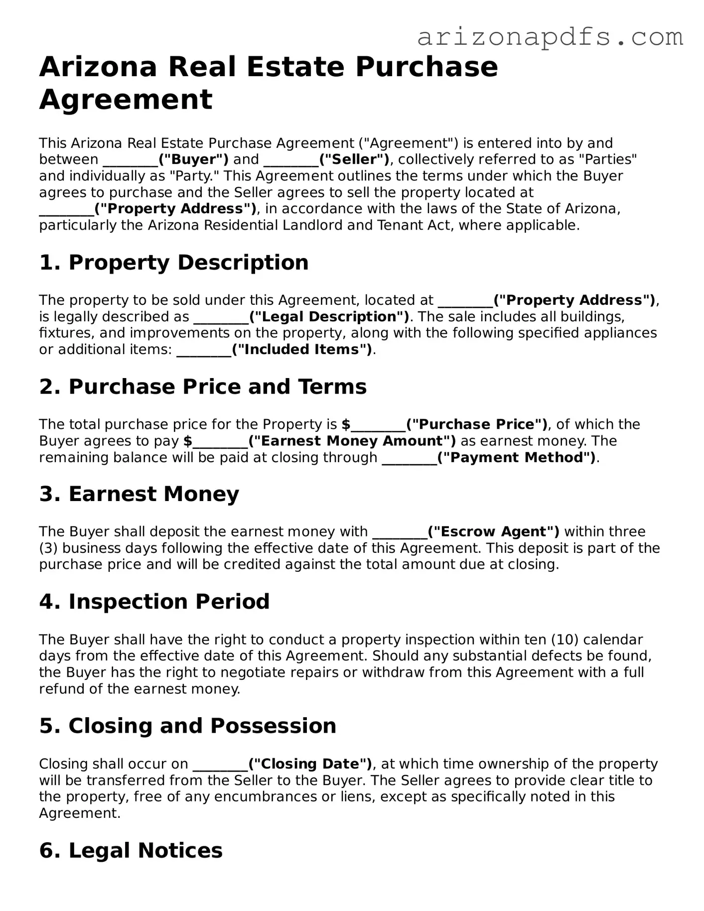 Official Arizona Real Estate Purchase Agreement Form