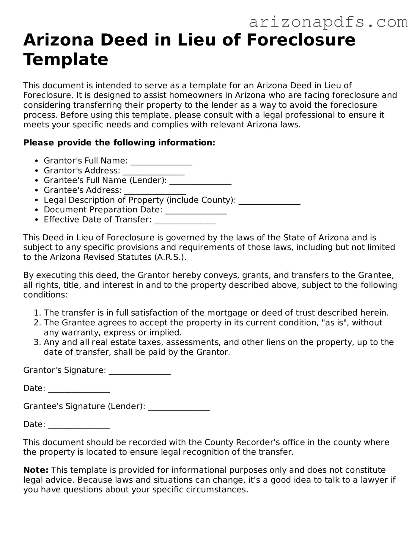 Official Arizona Deed in Lieu of Foreclosure Form
