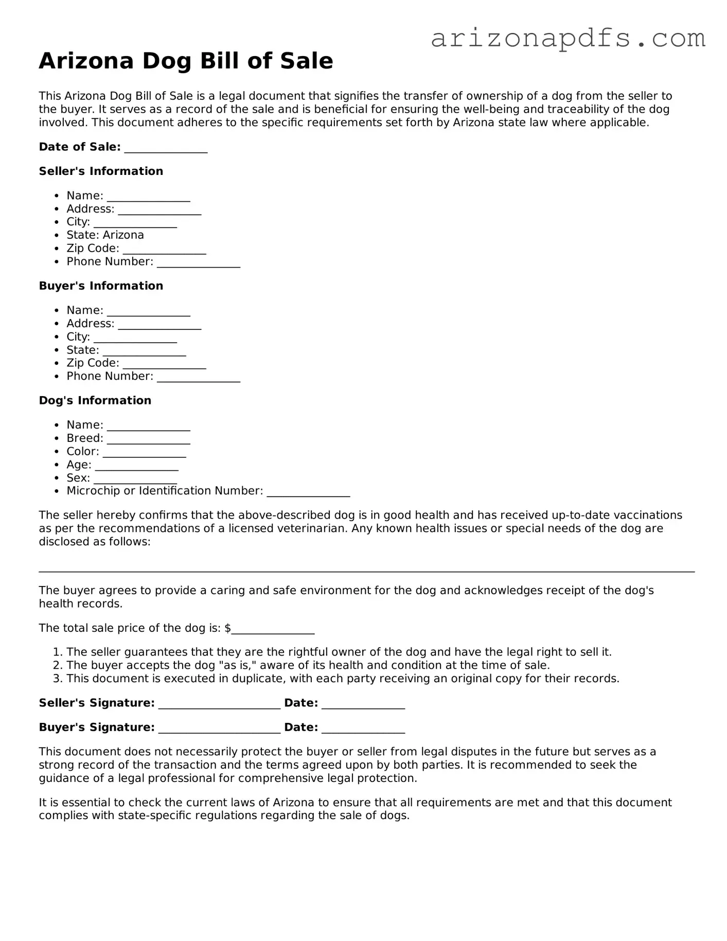 Official Arizona Dog Bill of Sale Form