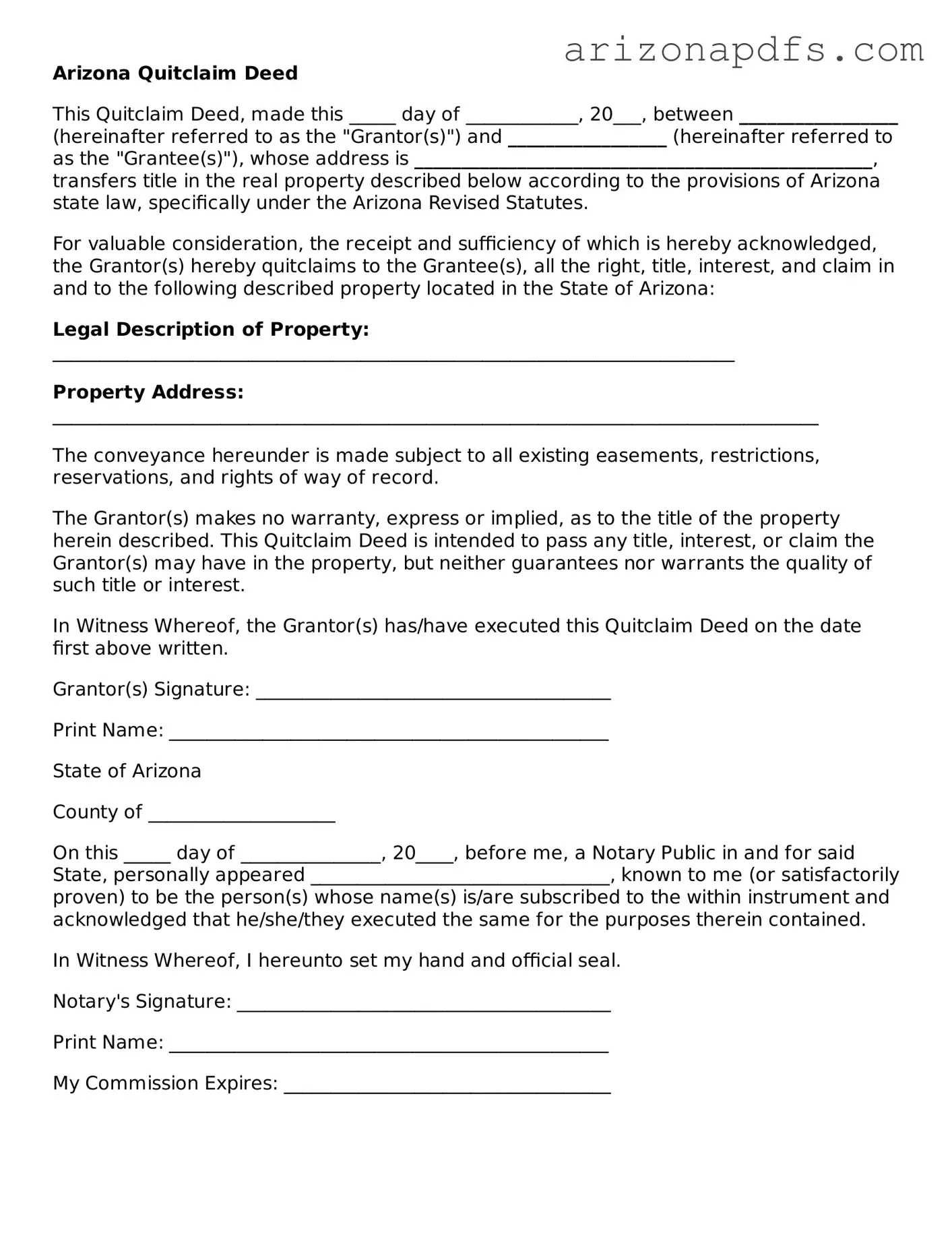 Official Arizona Quitclaim Deed Form