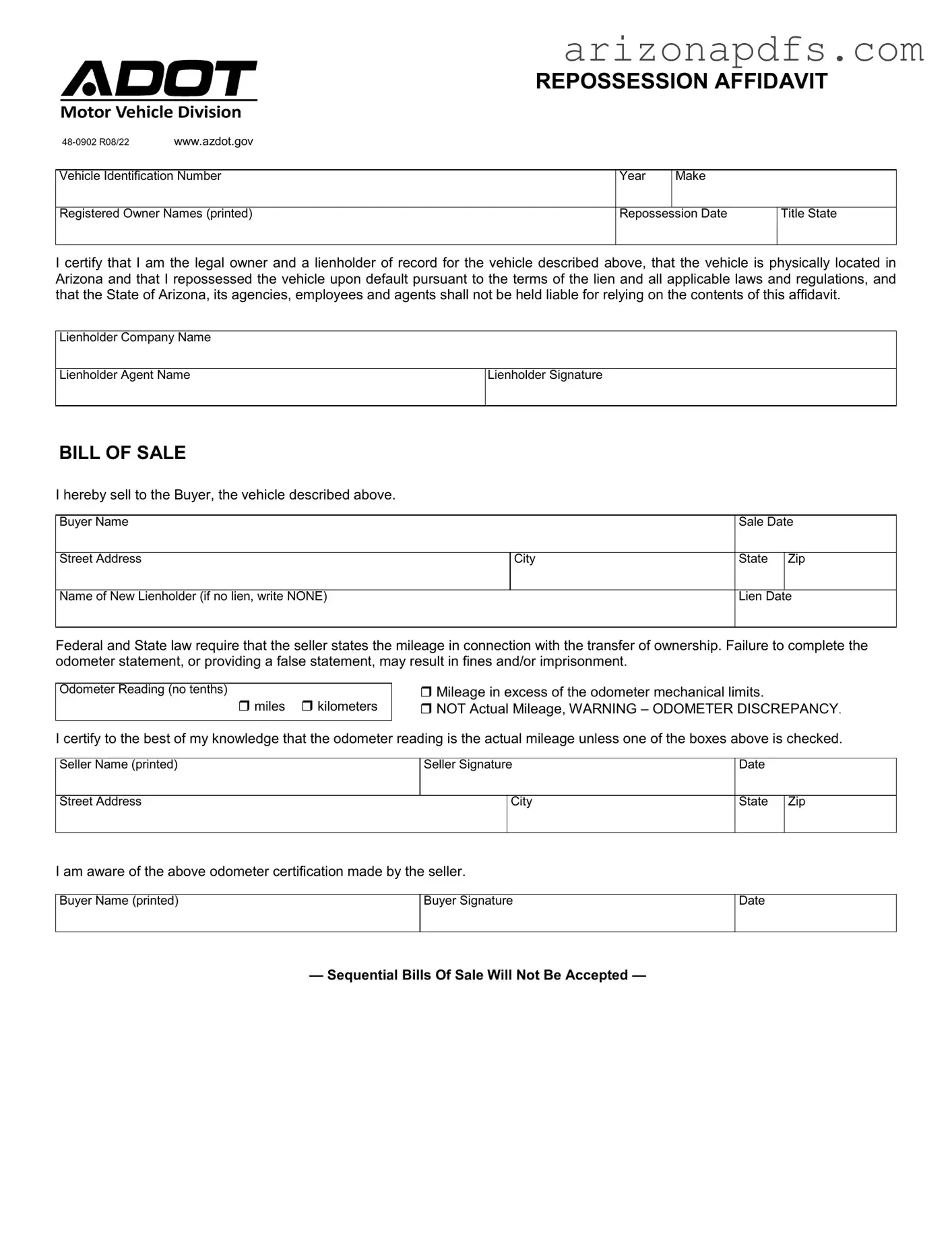 Blank Arizona Repossession Affidavit PDF Template