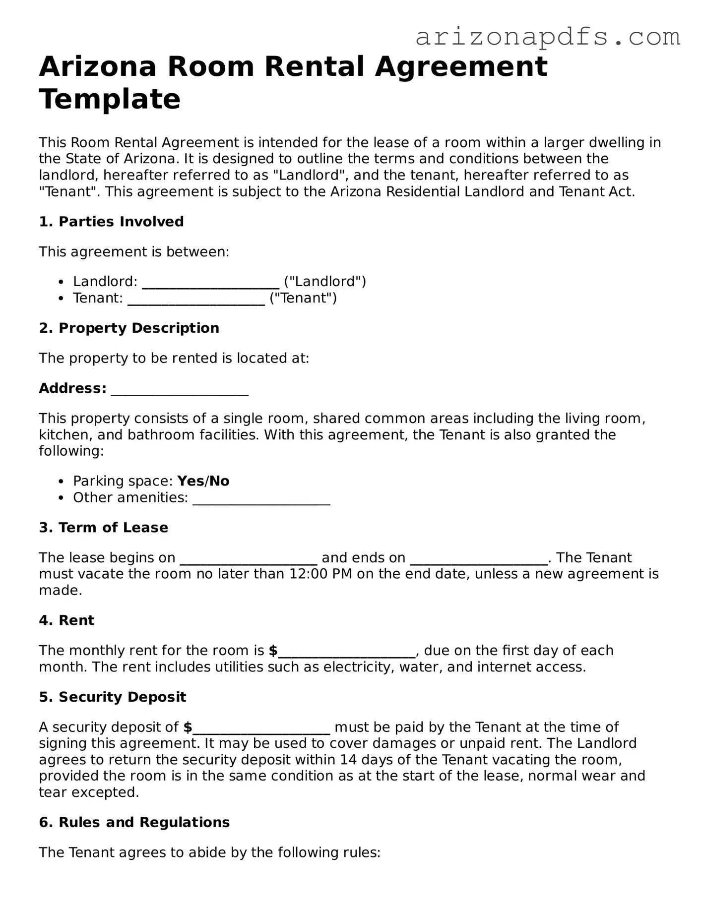 Official Arizona Room Rental Agreement Form
