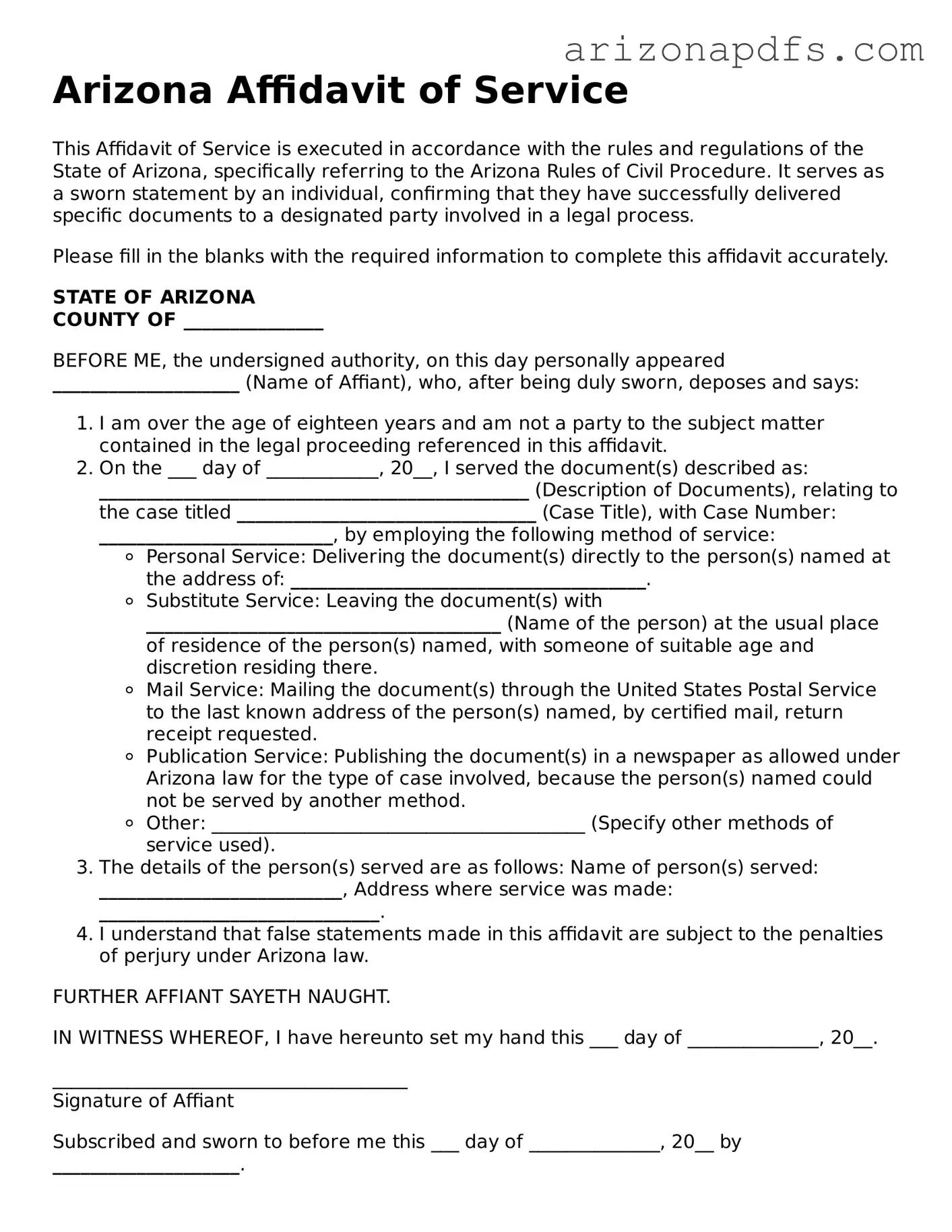 Official Arizona Affidavit of Service Form