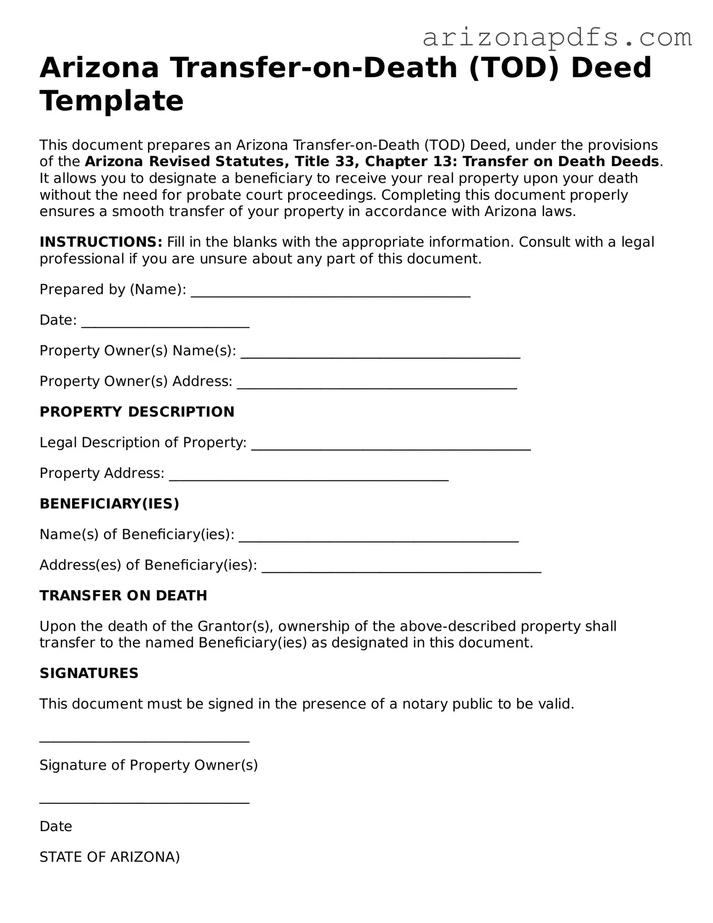 Official Arizona Transfer-on-Death Deed Form